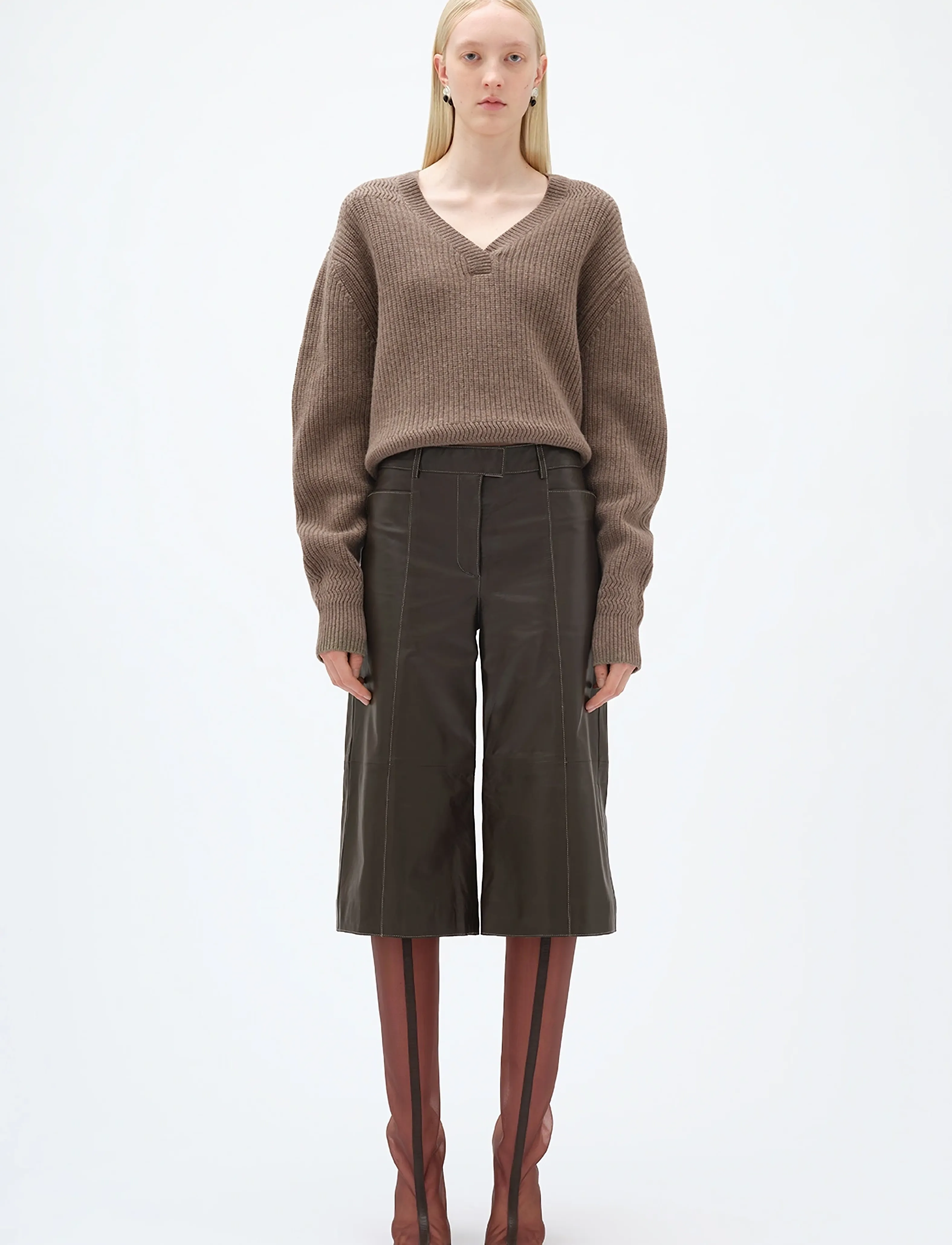 REMAIN Birger Christensen Short Wide Leather Pants, 36, Brown, Bukser > Brede Ben, Dame
