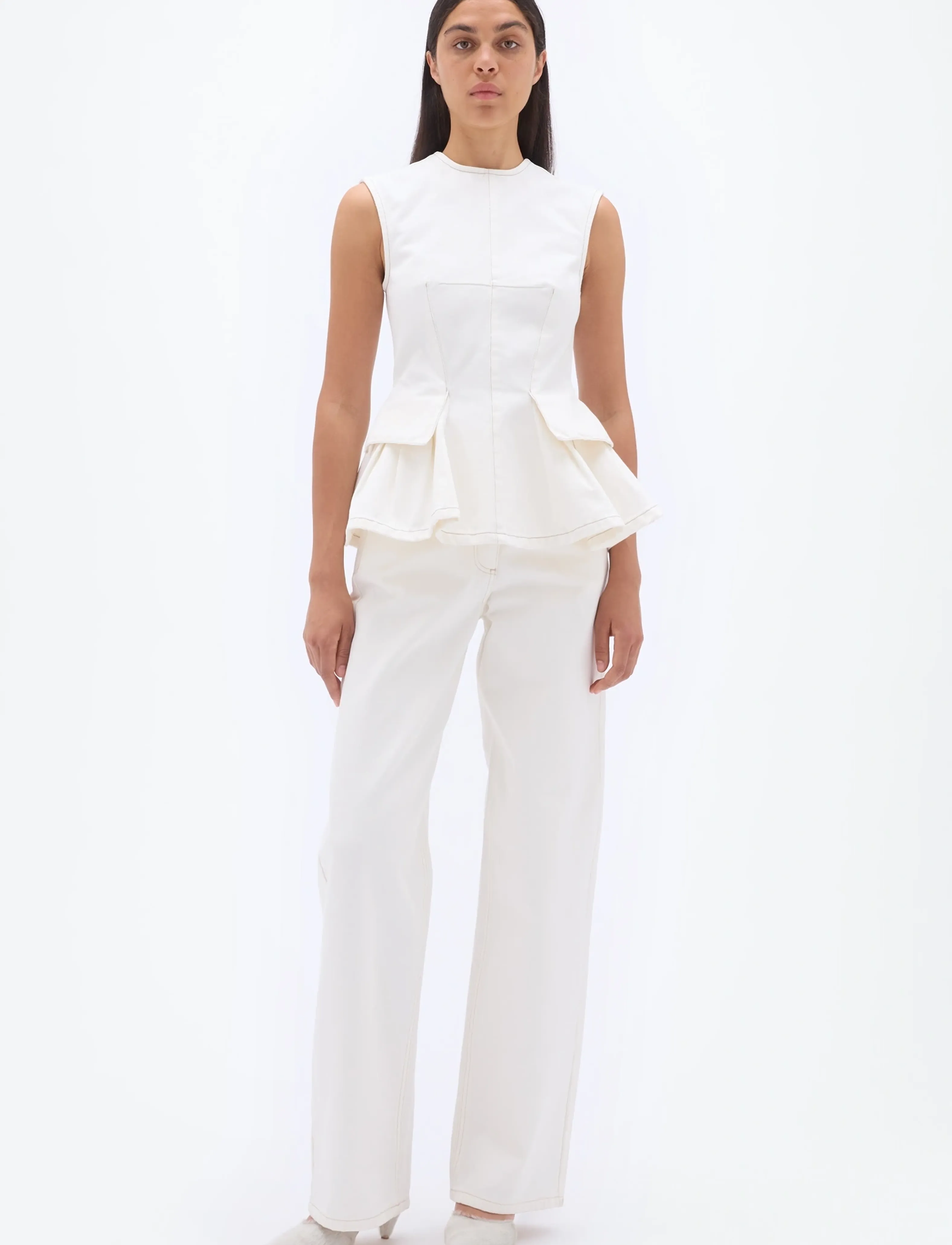 REMAIN Birger Christensen PEPLUM DENIM TOP - T-shirts & Toppe - ECRU / white