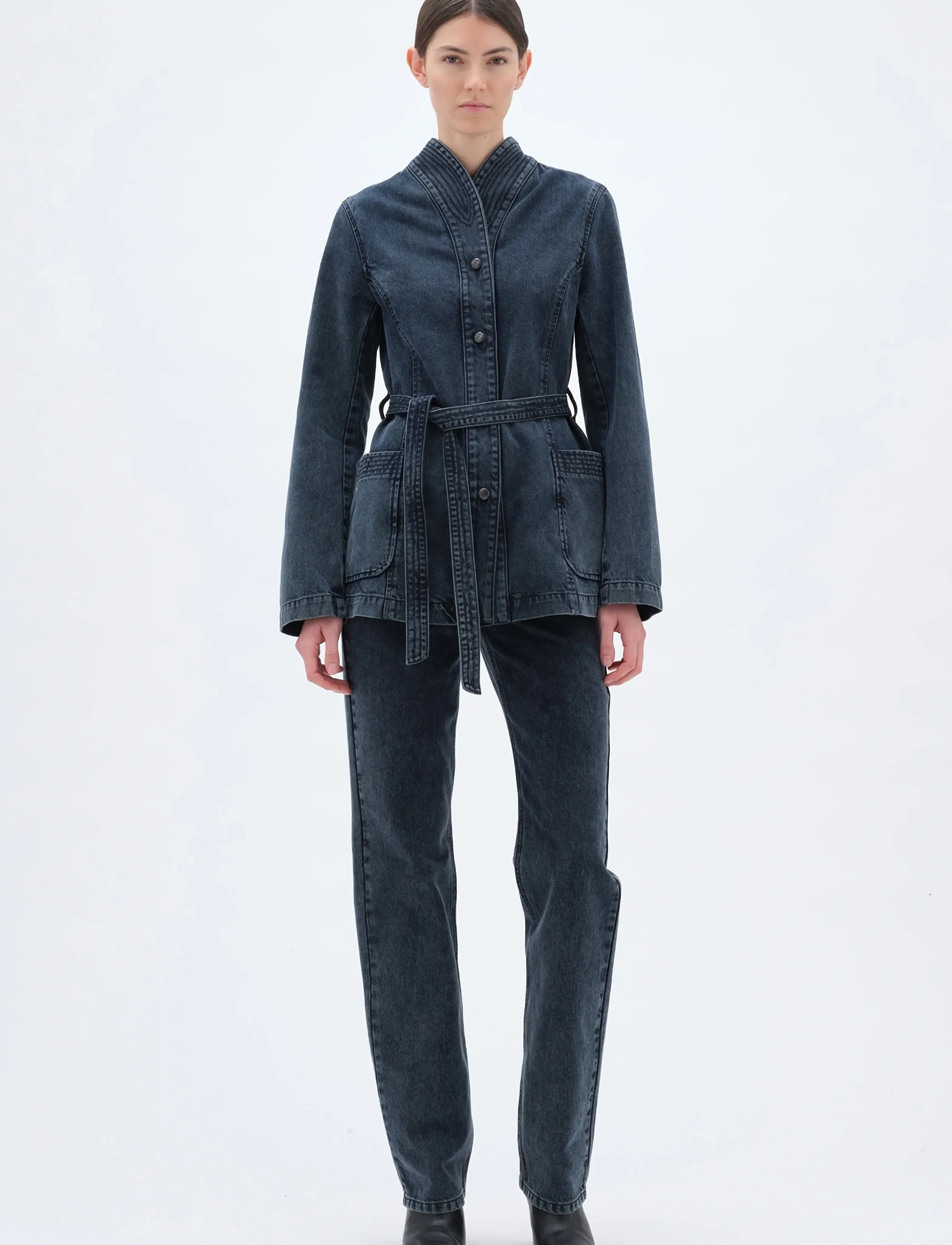 REMAIN Birger Christensen BELTED DENIM JACKET - Tøj - BLACK / blue