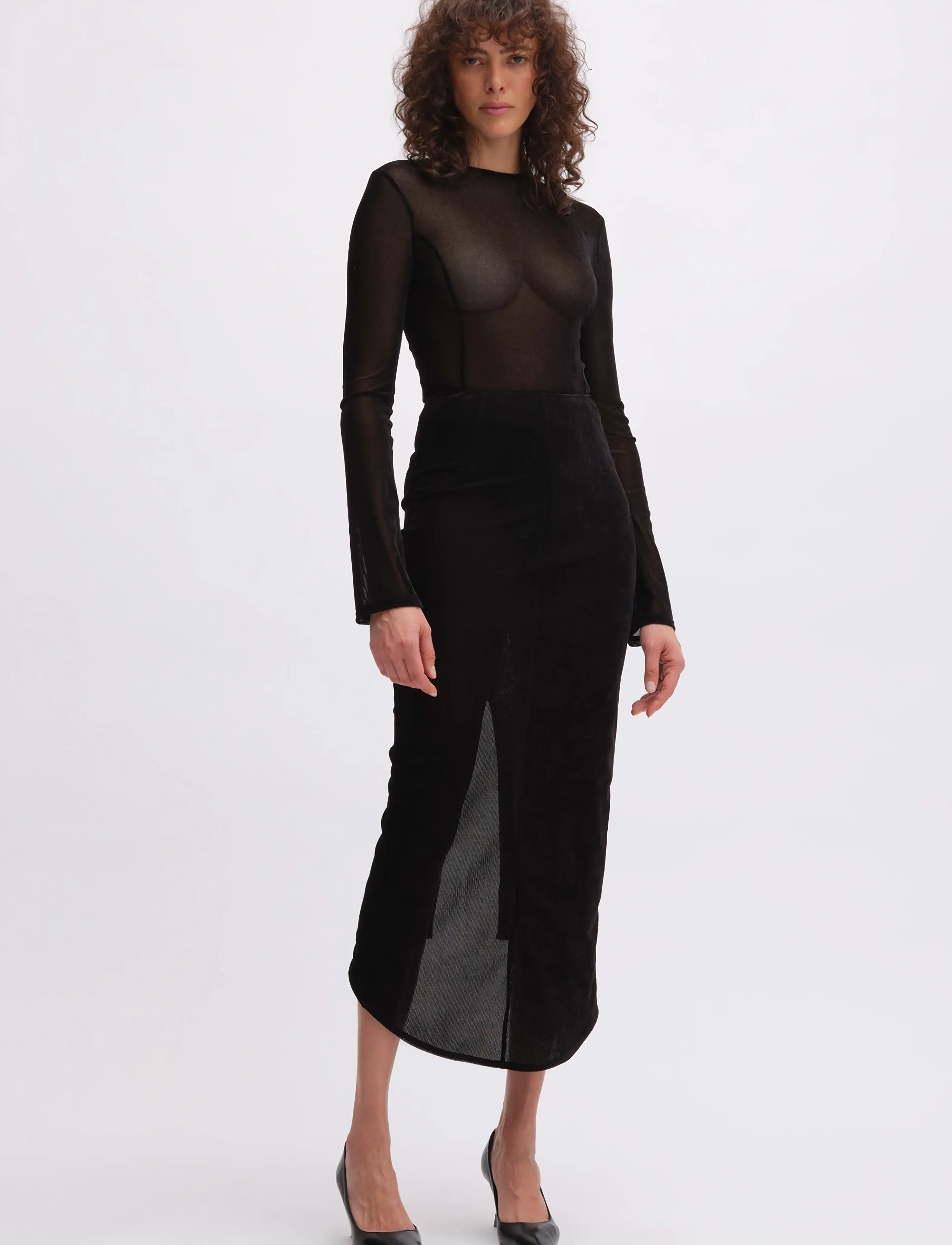 REMAIN Birger Christensen VELVET MESH SKIRT - Midi-Röcke - BLACK / black