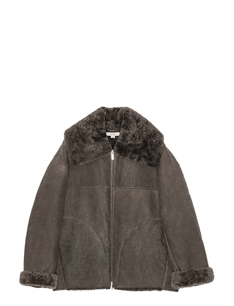 REMAIN Birger Christensen - SHEARLING BOMBER JACKET - licorice - 0