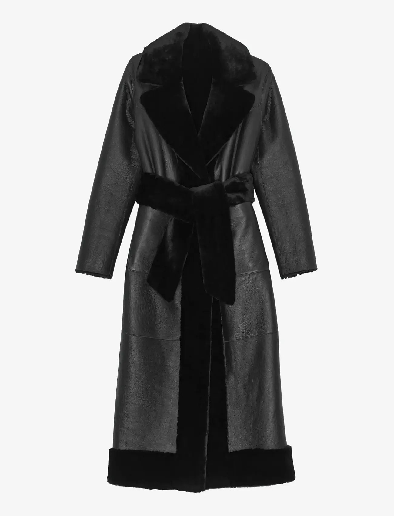 REMAIN Birger Christensen - BELTED SOFT SHEARLING COAT - læderjakker - black - 0