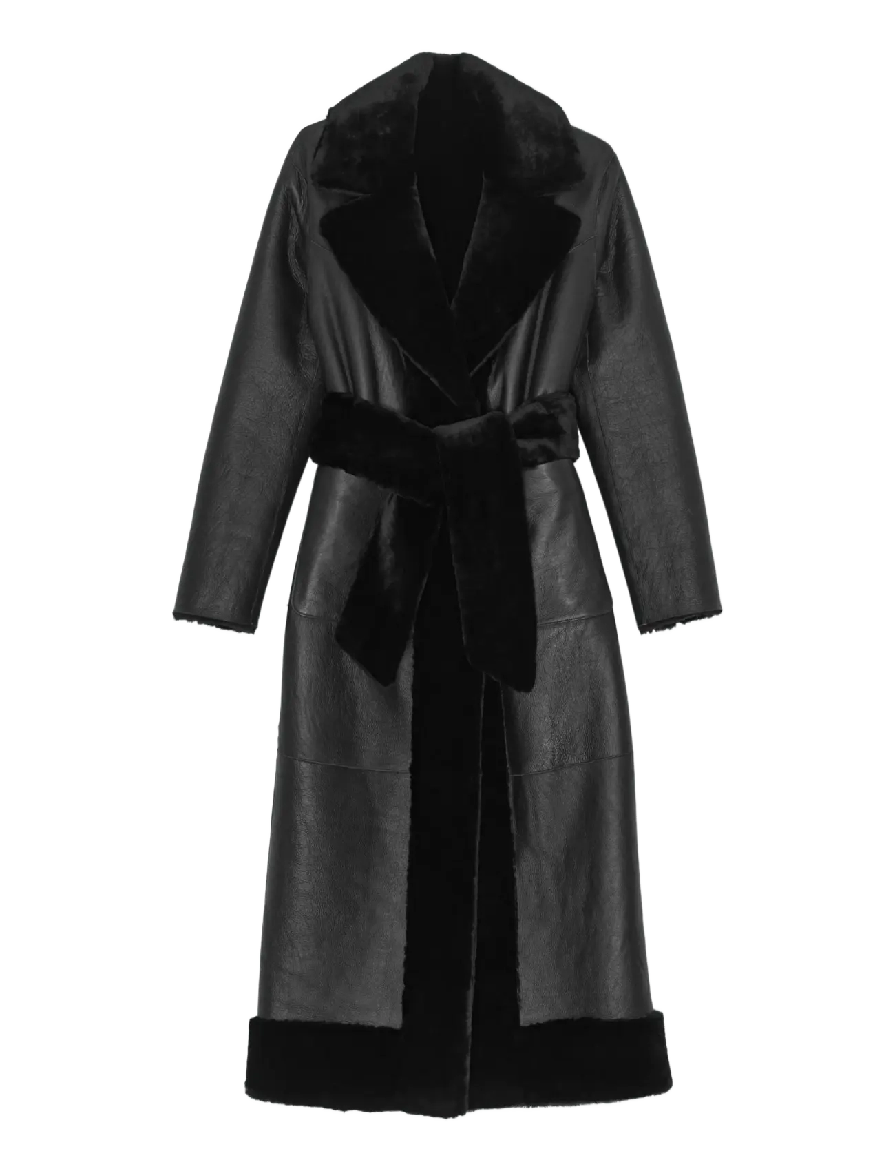 BELTED SOFT SHEARLING COAT - BLACK