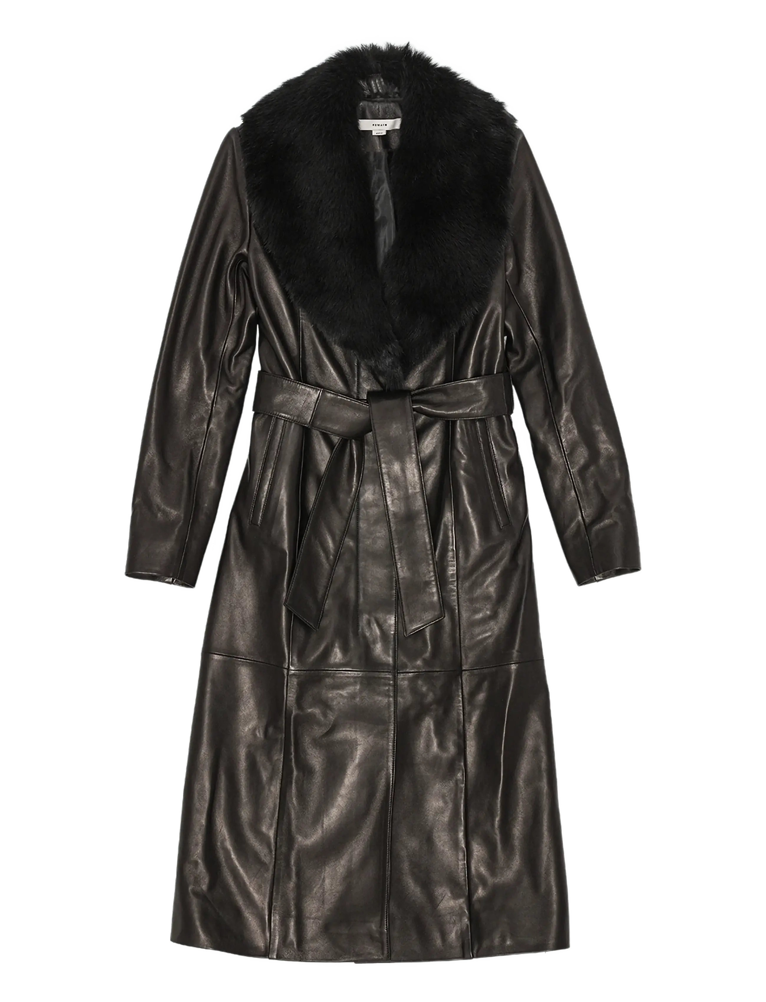 LEATHER TRENCH WITH FUR COLLAR - BLACK