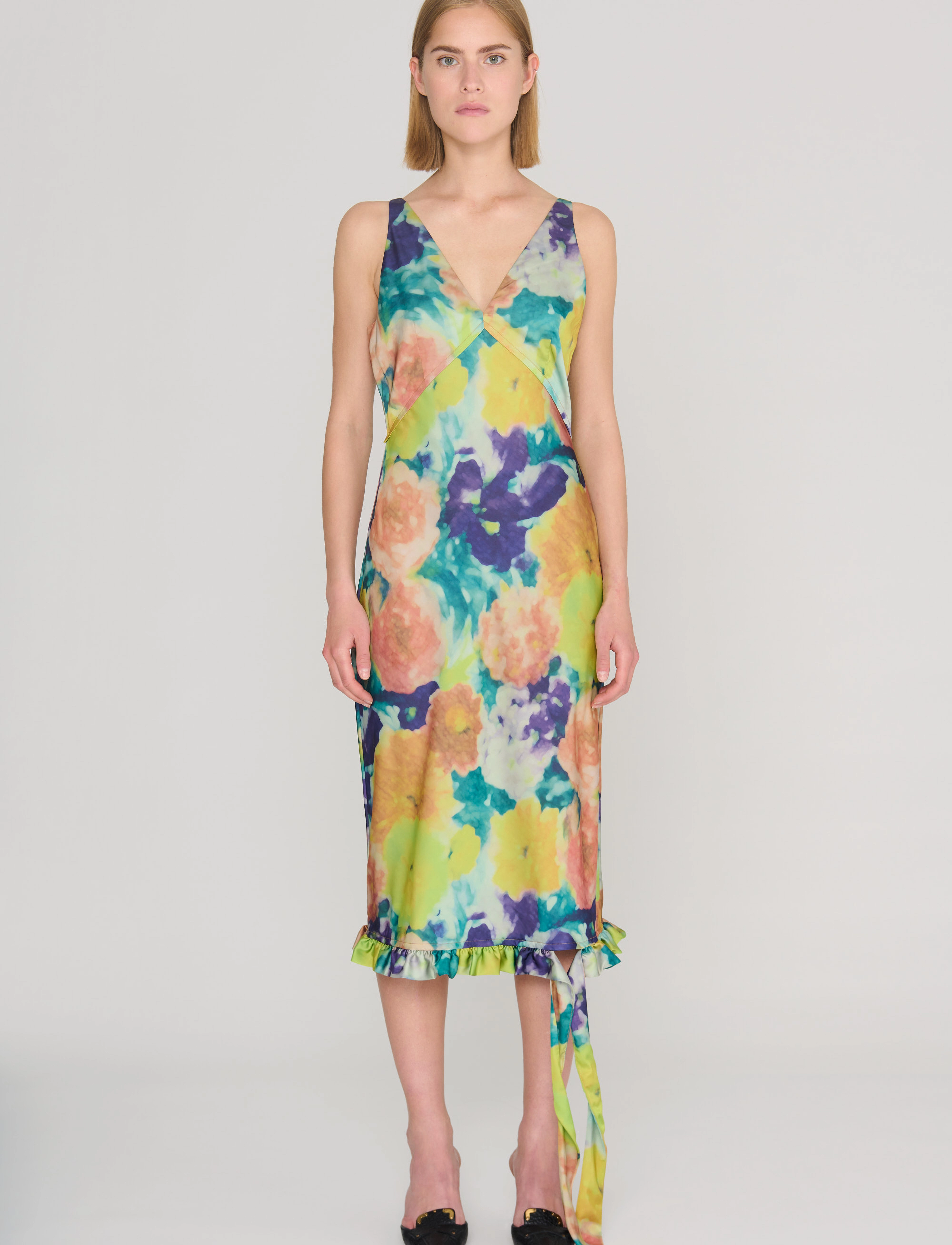 REMAIN Birger Christensen Light Satin Frill Detail Dress, Kvinder, Blomstret Flæsekjole, Multi/mønstret, Str: 34