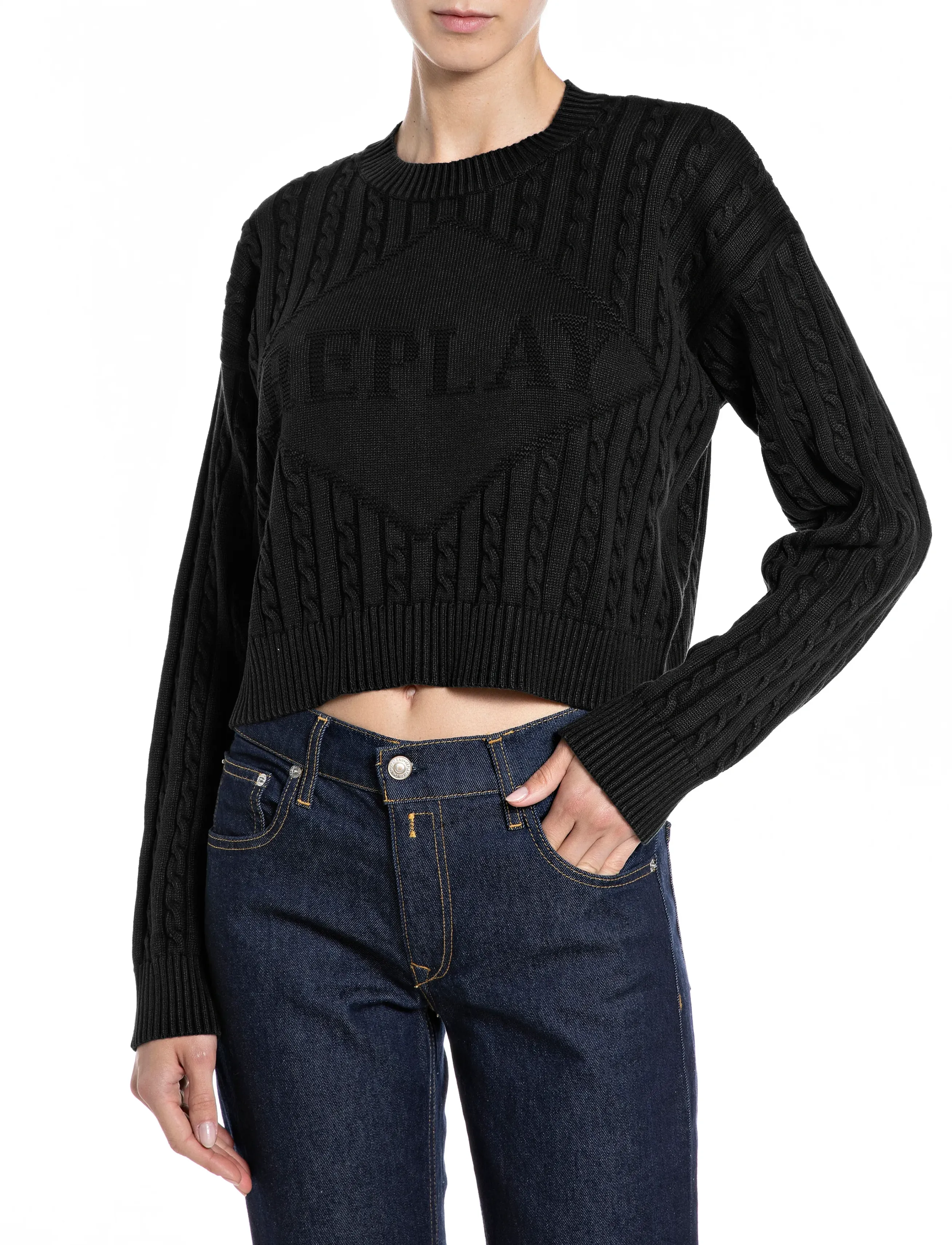 Replay Relaxed Natural Component Sweater, XS, Knitwear, Schwarz - Jumpers, Frauen