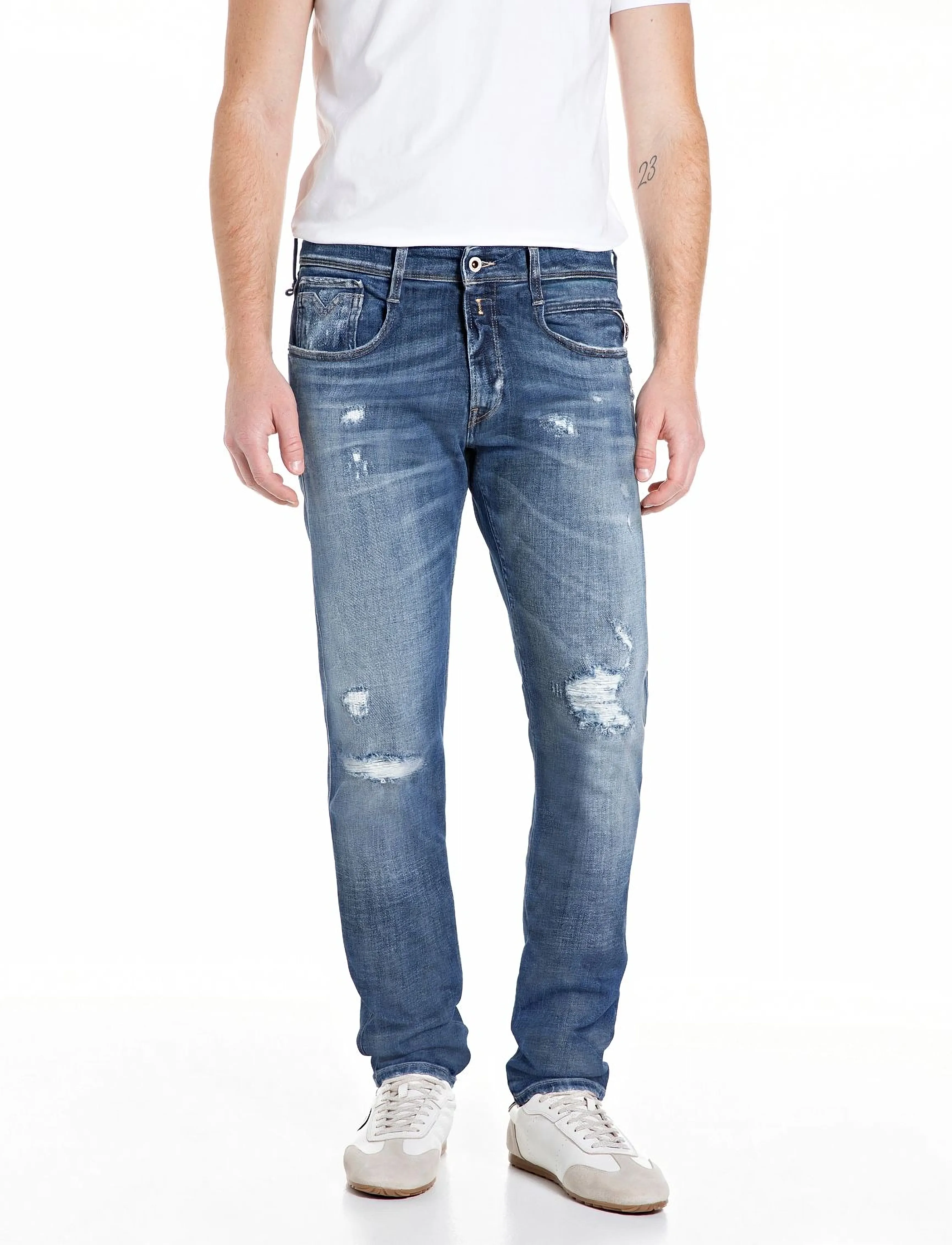 Replay Anbass Trousers Slim Aged, Mænd, Slim Fit Slidte Jeans, Blå, Str: 38 x 32