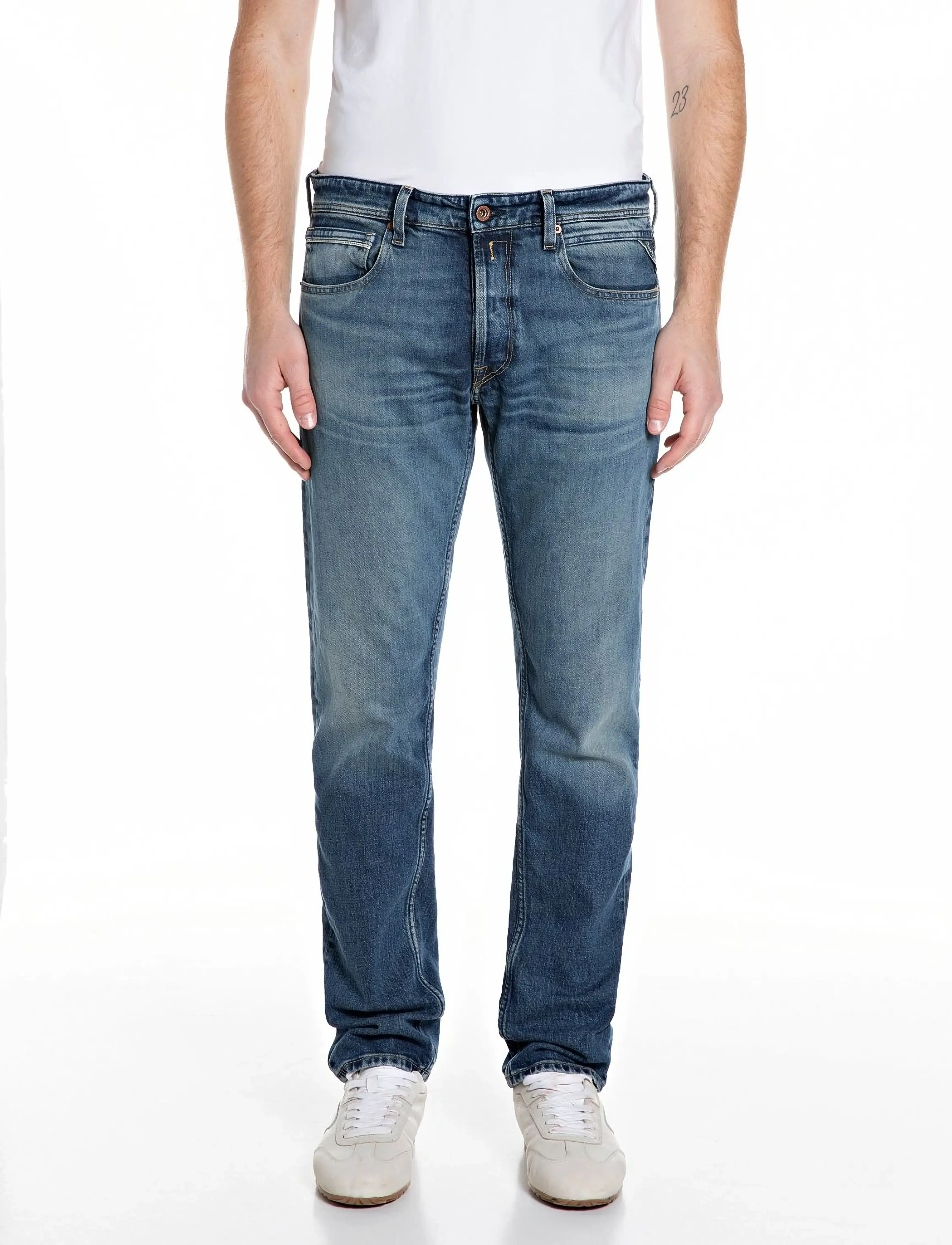 Replay GROVER Trousers STRAIGHT Original - Regular piegriezuma džinsa bikses - MEDIUM BLUE / blue