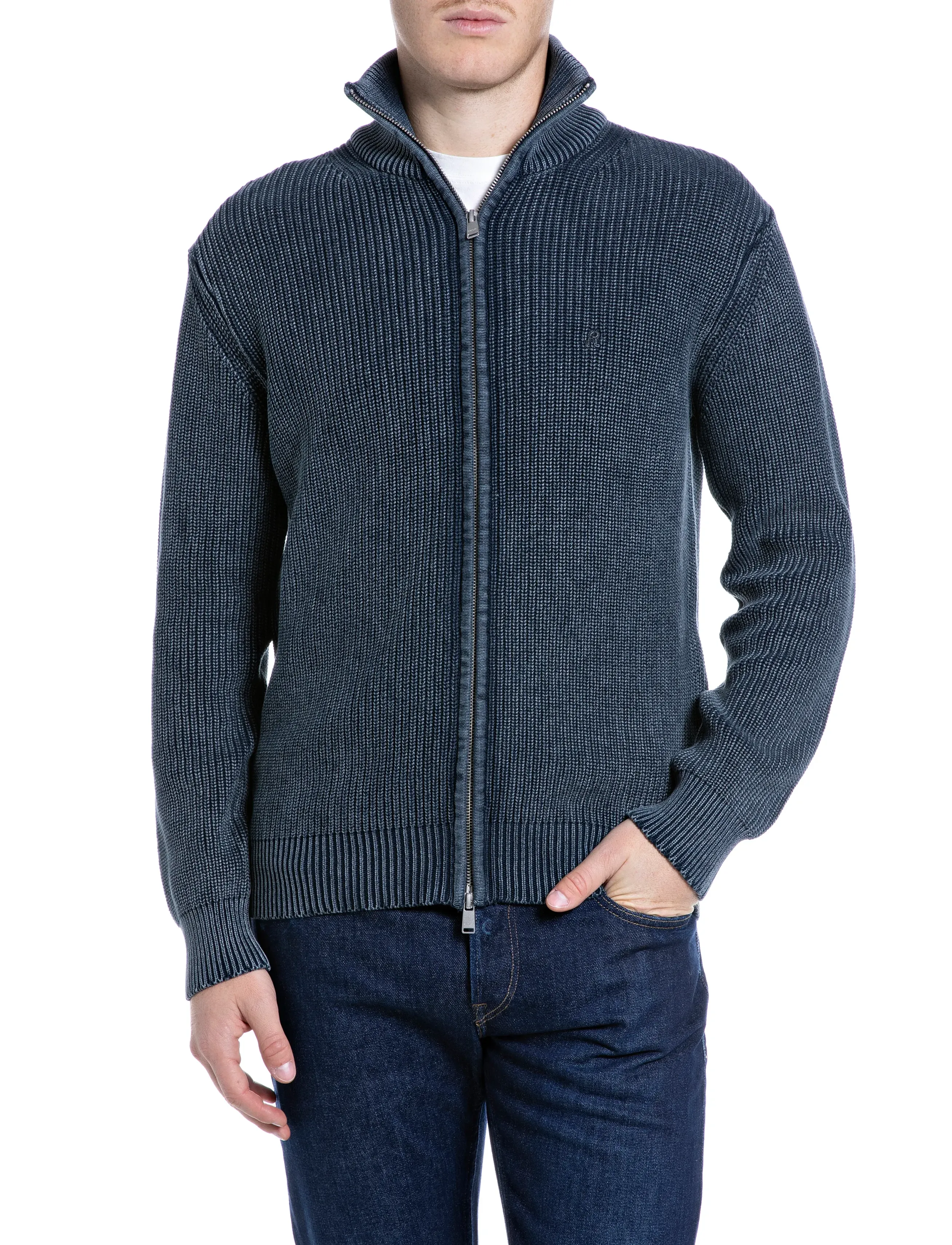 Replay Sweater Regular, Ribstrikket Lynlås Sweater, Blå, Str: M