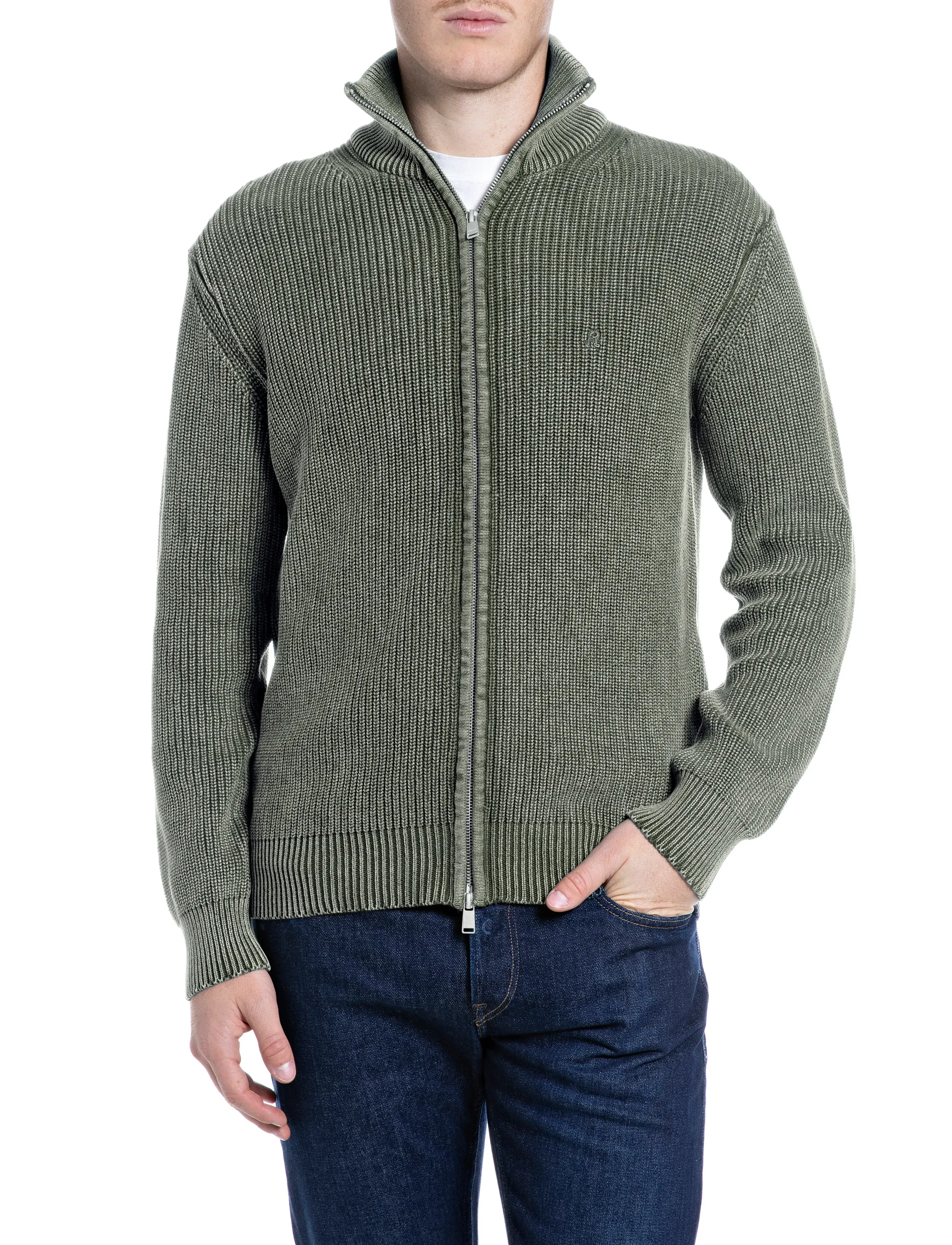 Replay Sweater Regular, Ribstrikket Lynlås Sweater, Grøn, Str: XXL