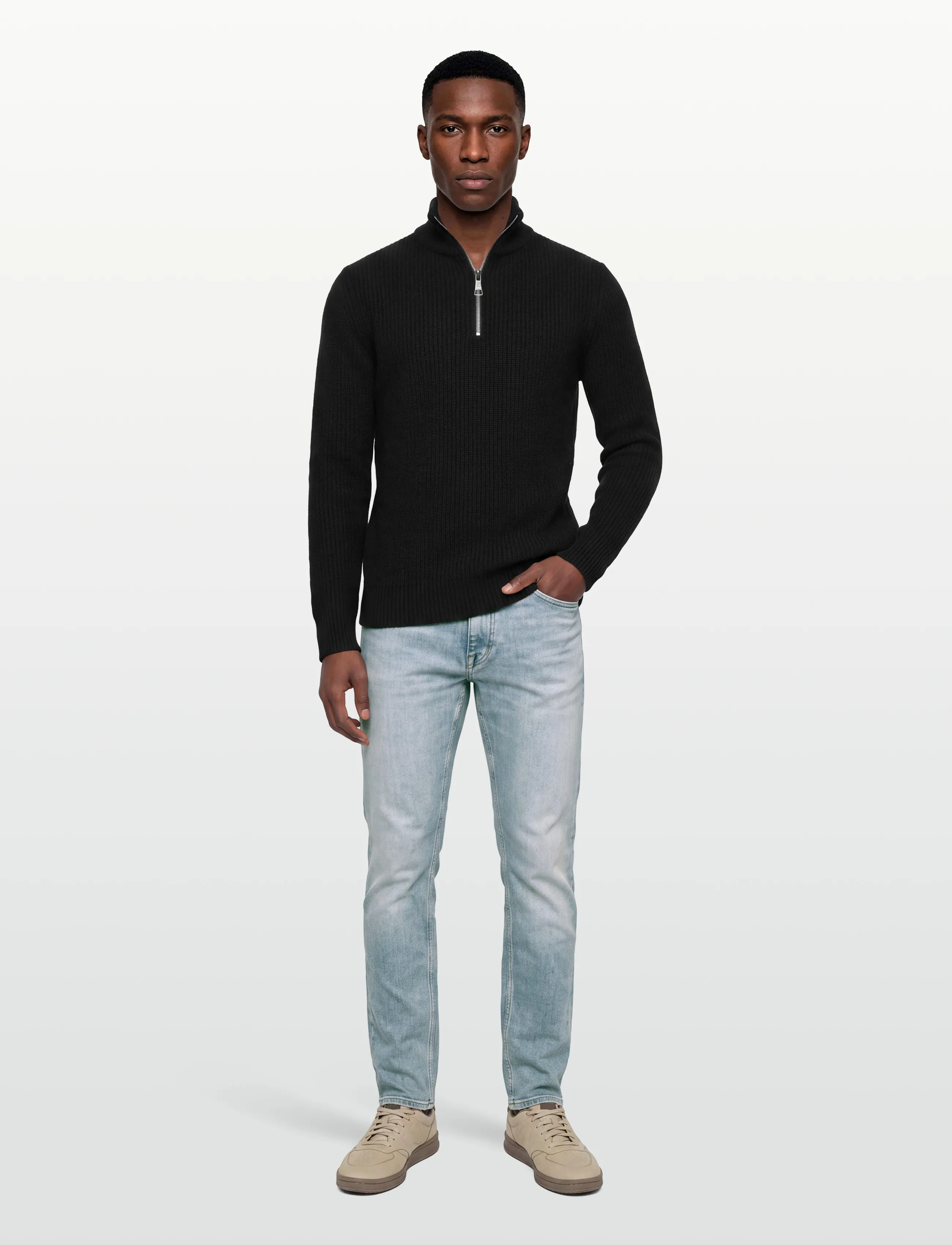 Replay Sweater Regular, Mænd, Ribstrikket Zip Trøje, Sort, Str: XL