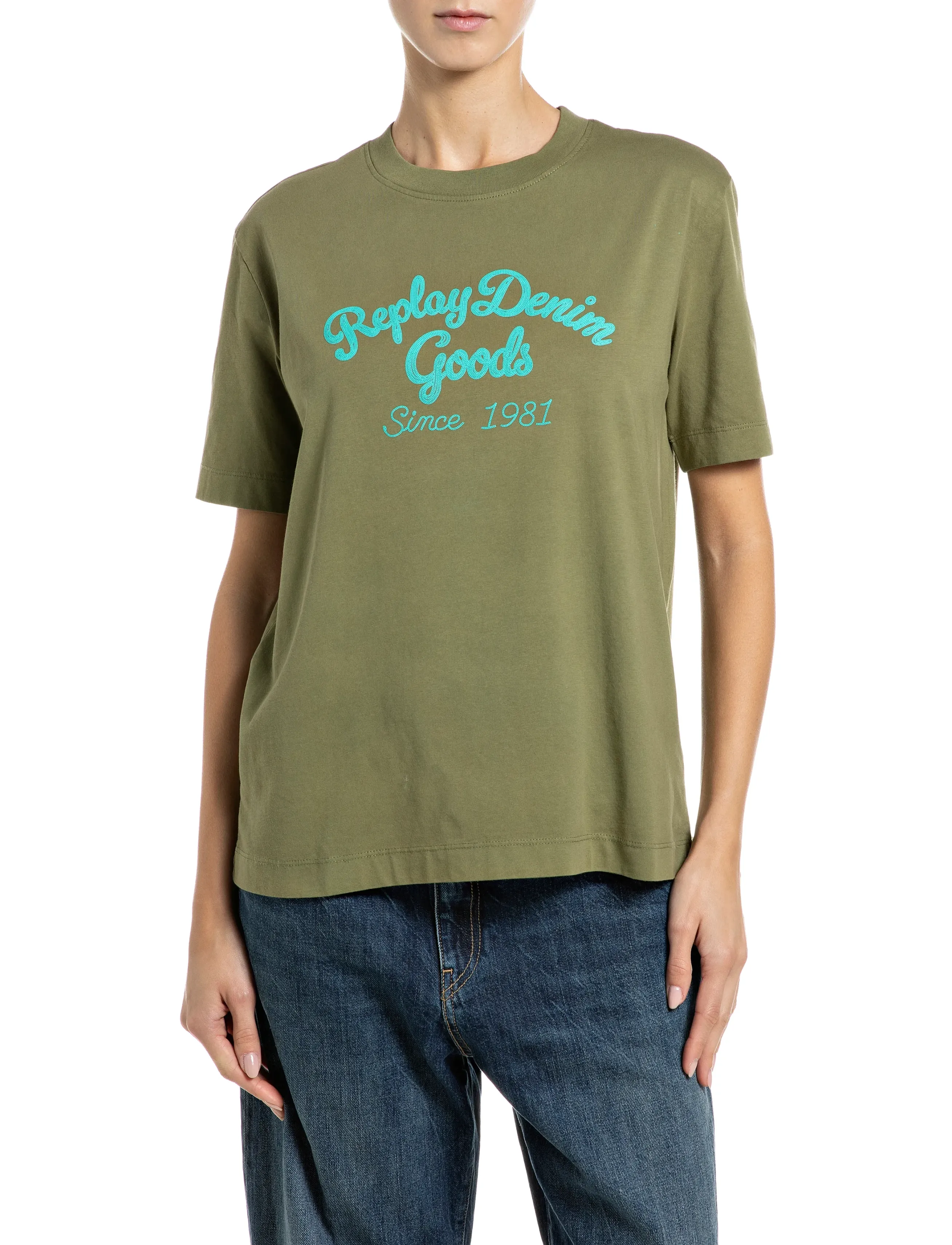 Replay T-Shirt Boxy, M, Green, T-Shirts & Toppe > Kortærmede, Dame