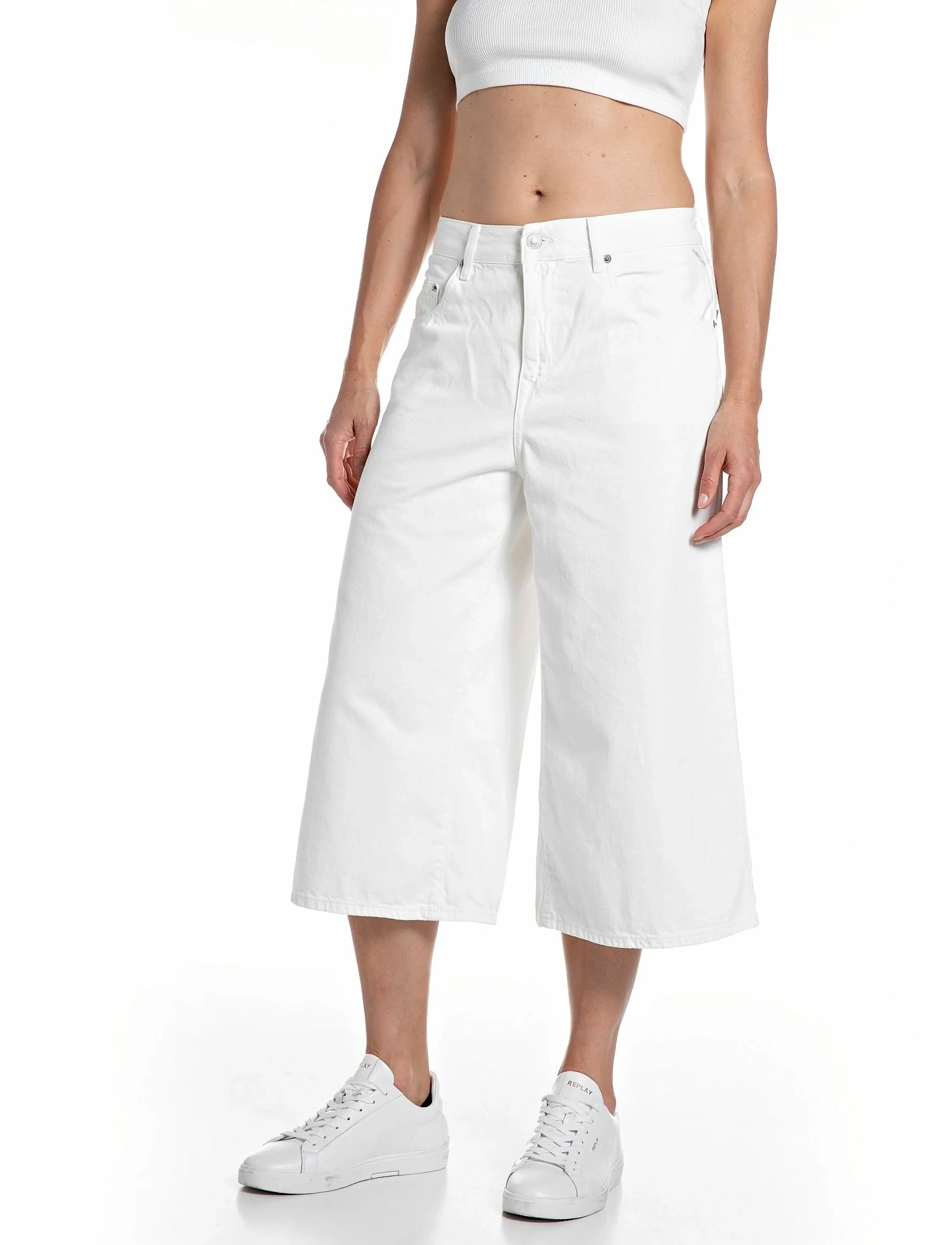 Replay Vivyette Trousers Wide Leg, Kvinder, Korte Vide Bukser, Hvid, Str: 27