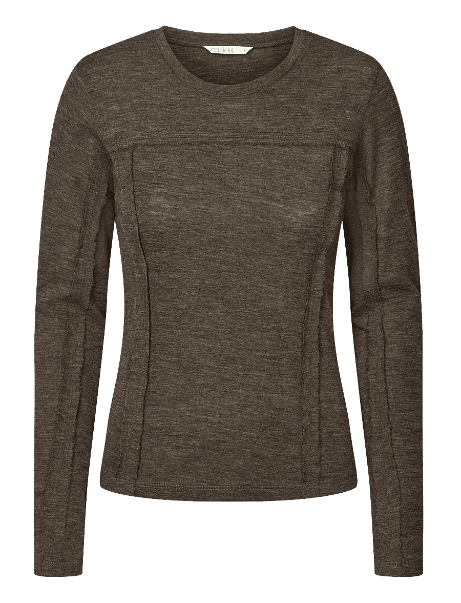 Rethinkit Studios - Merino Wool Tee LS Haze - dark brown melange - 1