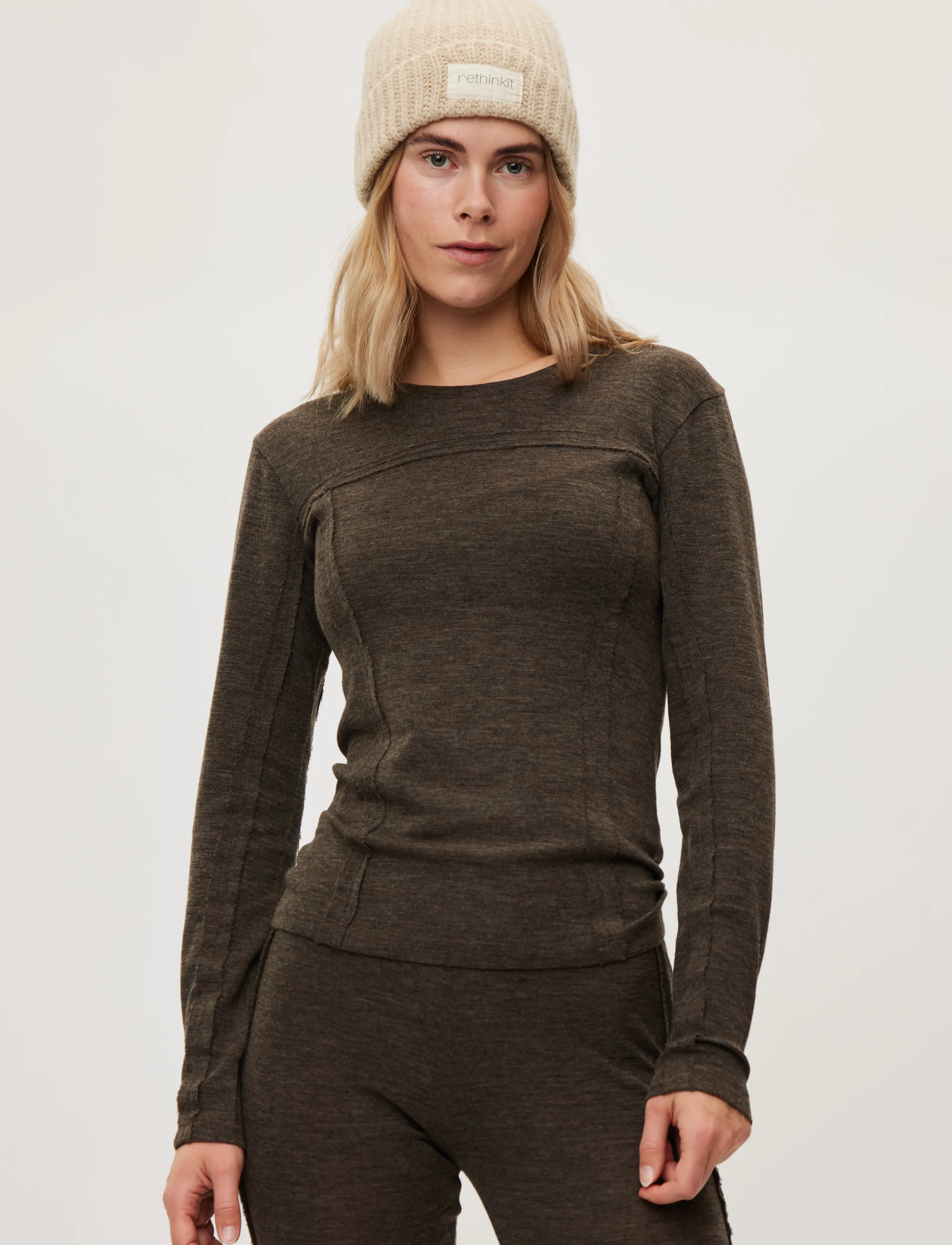 Rethinkit Studios - Merino Wool Tee LS Haze - dark brown melange - 5