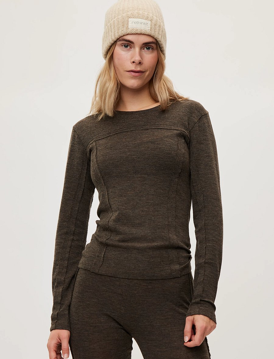 Rethinkit Studios - Merino Wool Tee LS Haze - dark brown melange - 5