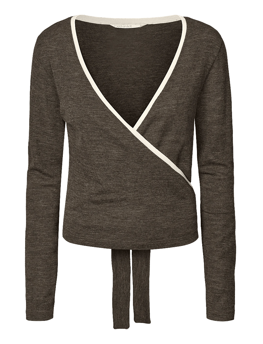 Rethinkit Studios - Merino Wool Wrap Cardigan Haze - longsleeved tops - dark brown melange - 1