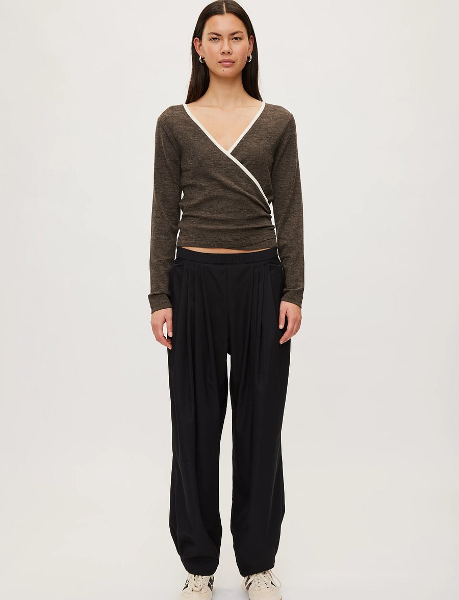 Rethinkit Studios - Merino Wool Wrap Cardigan Haze - longsleeved tops - dark brown melange - 0