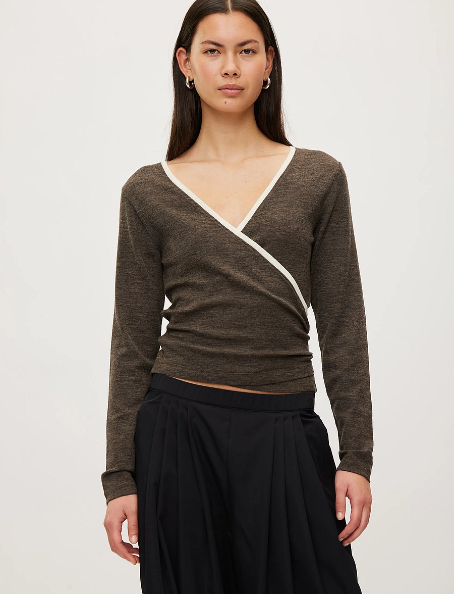 Rethinkit Studios - Merino Wool Wrap Cardigan Haze - longsleeved tops - dark brown melange - 3