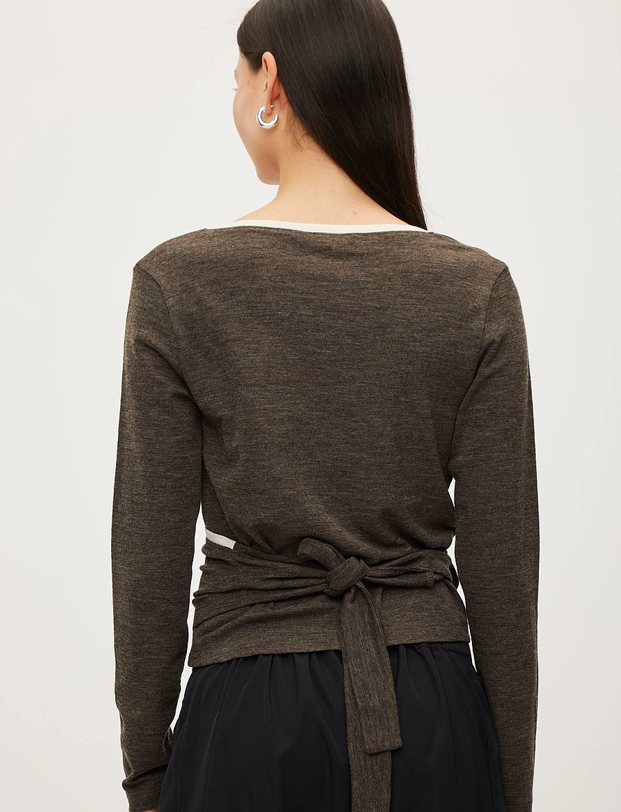 Rethinkit Studios - Merino Wool Wrap Cardigan Haze - longsleeved tops - dark brown melange - 4