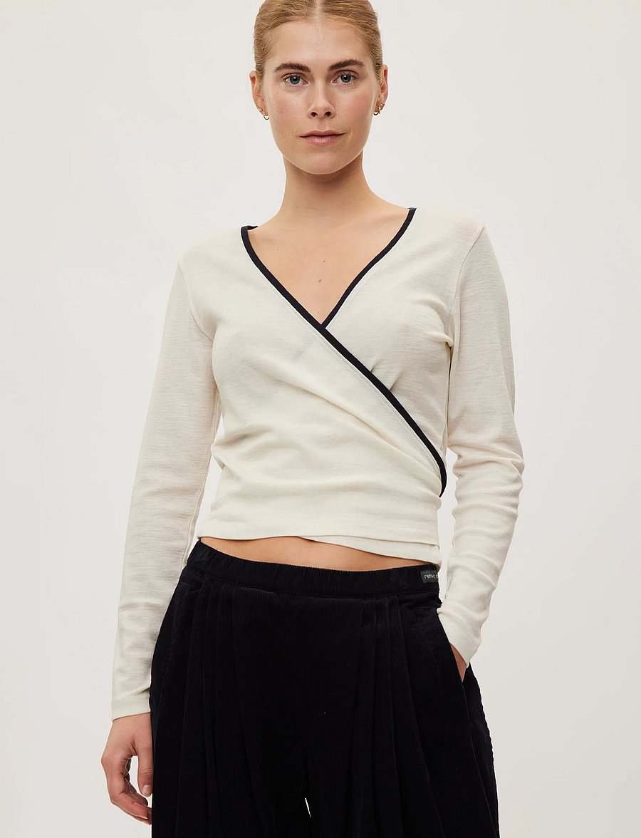Rethinkit Studios - Merino Wool Wrap Cardigan Haze - långärmade tröjor - eggshell melange - 3