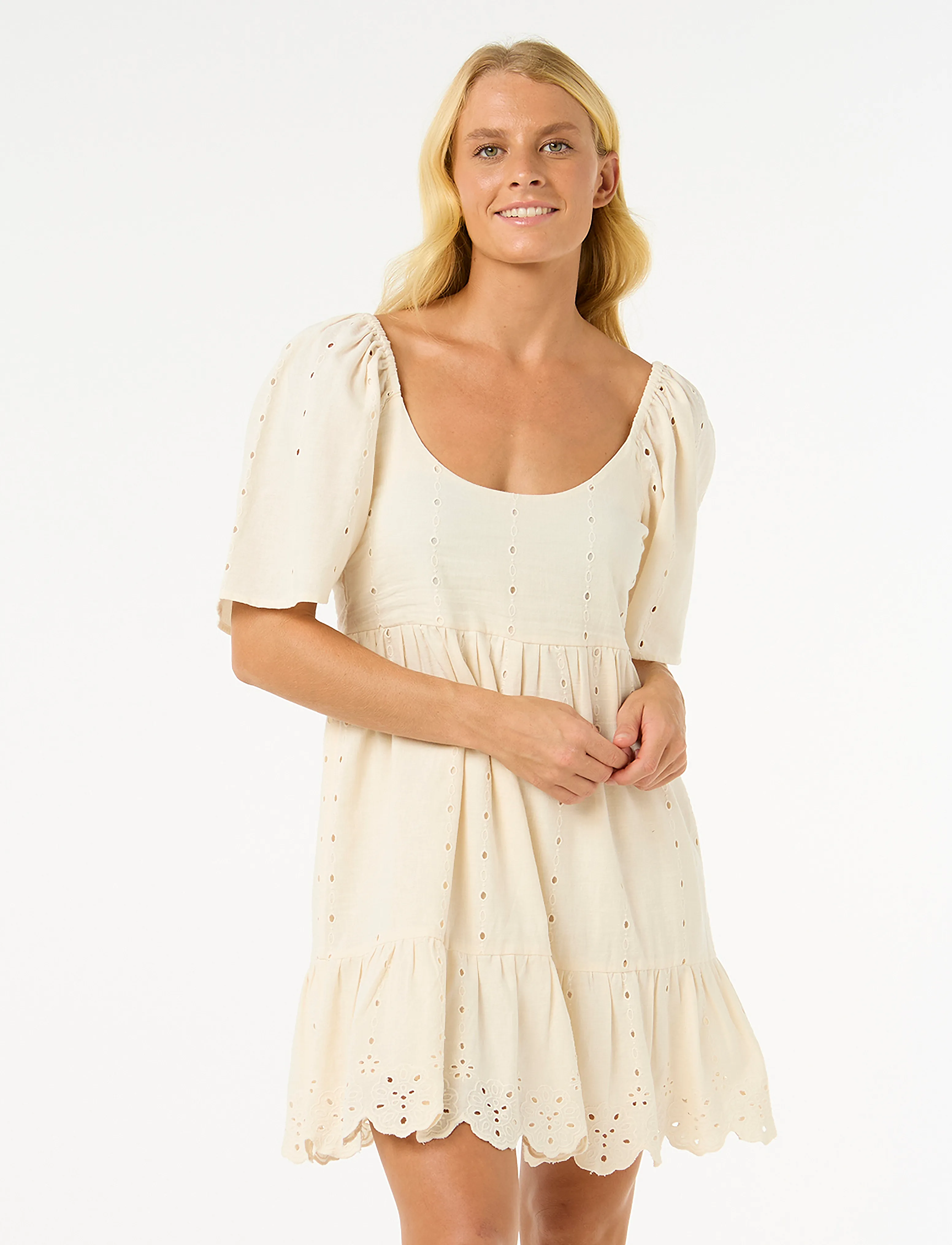 Rip Curl San Carlos La Joya S/S Mini, Kvinder, Kortærmet Broderie Anglaise Minikjole, Cream, Str: L
