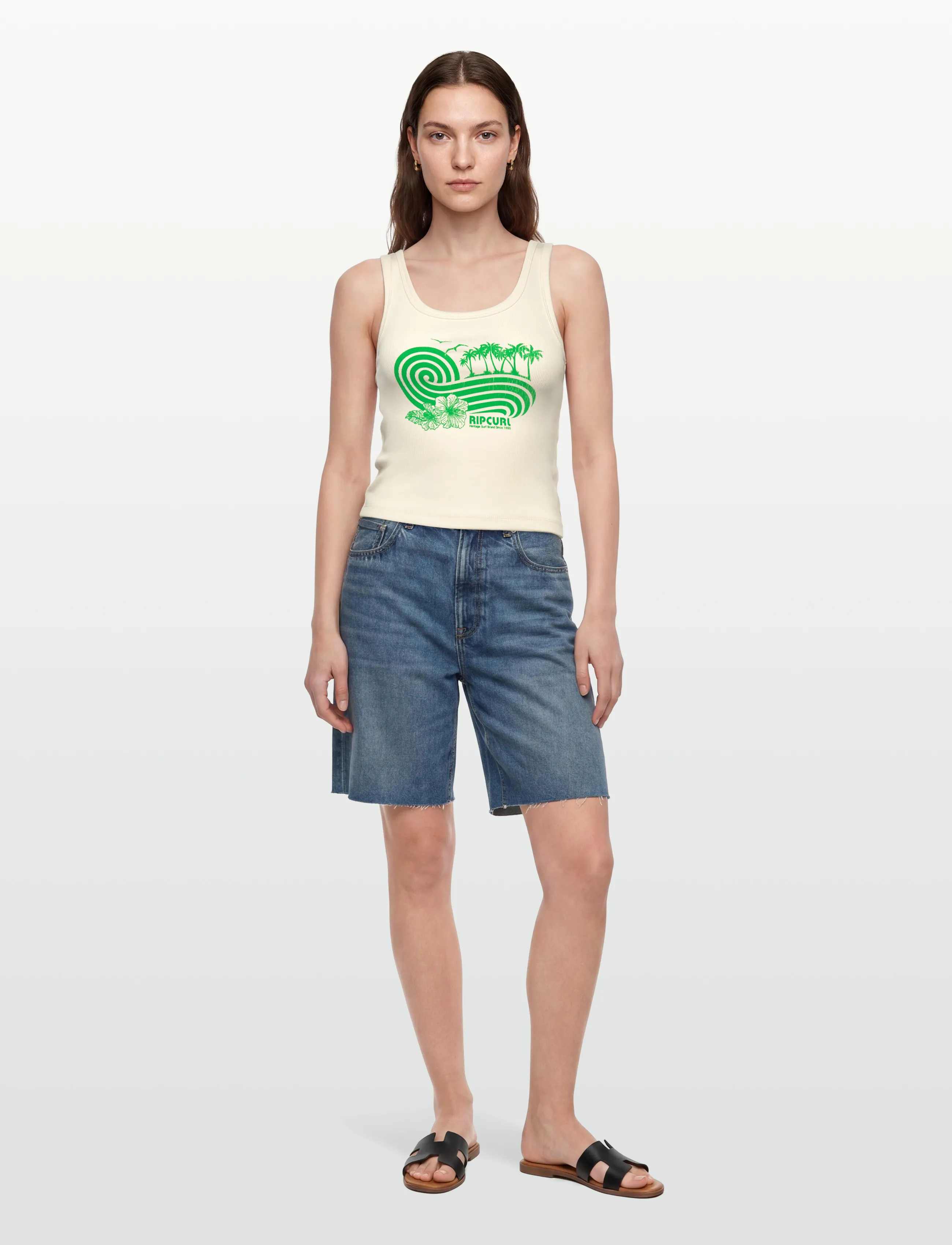 Rip Curl Ocean Break Rib Tank, Kvinder, Grafisk Ribbet Tanktop, Cream, Str: M