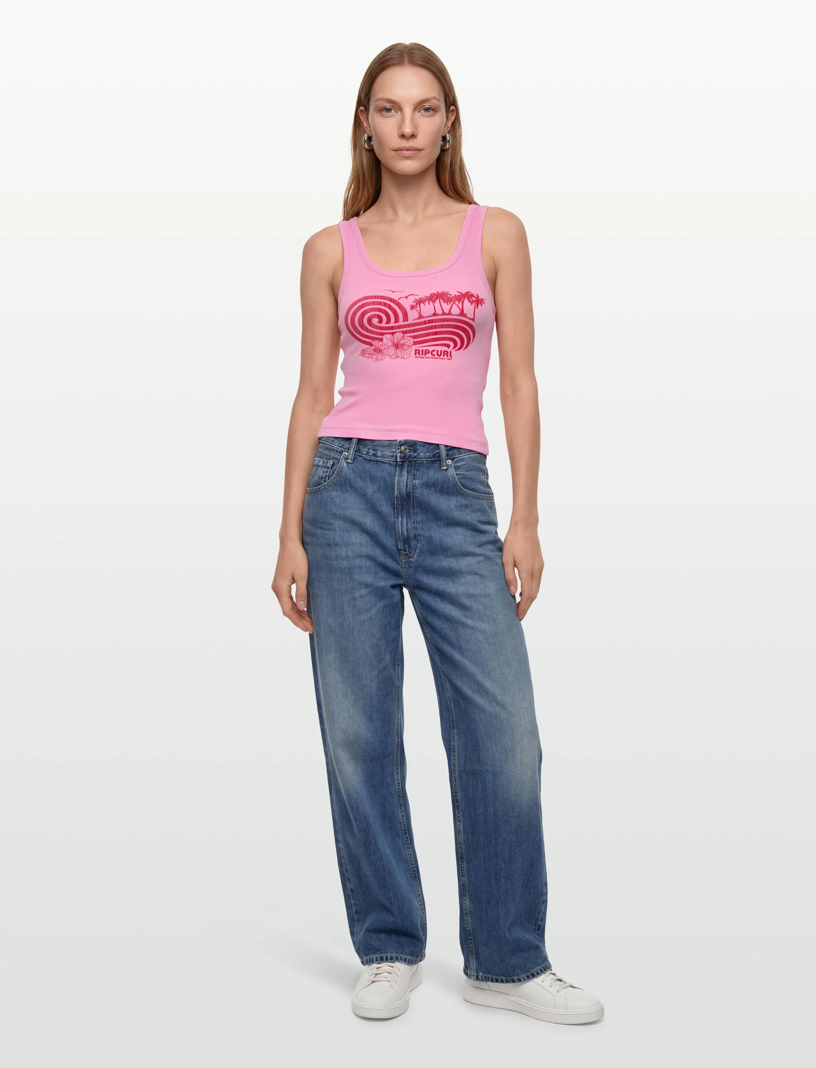 Rip Curl Ocean Break Rib Tank, Kvinder, Grafisk Ribbet Tanktop, Pink, Str: L