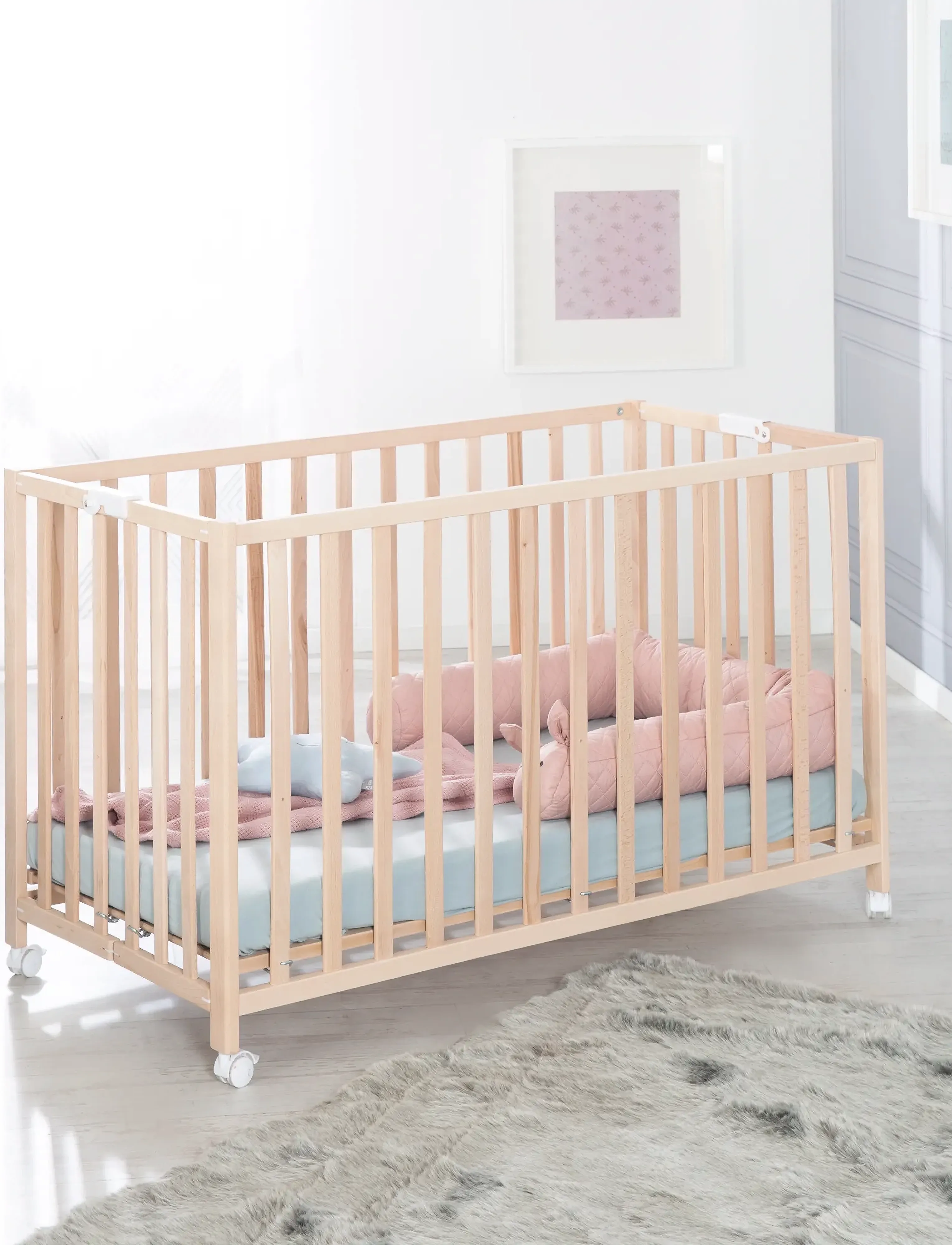 ROBA Wooden Foldable Cot 60 X 120 Cm, Børn, Sammenklappelig Træ Tremmeseng, Beige, Str: 77X 123X 13CM