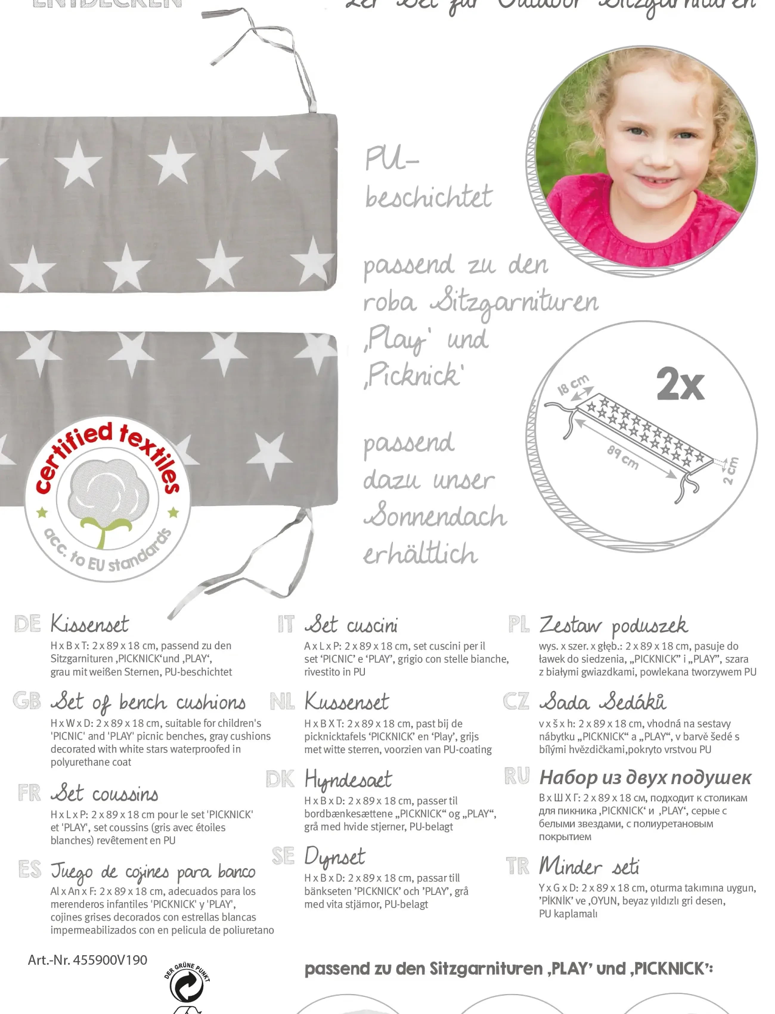 ROBA Set Of Bench Cushions, 18X90X2.5 cm, Kids Decor, Grau - Kinder