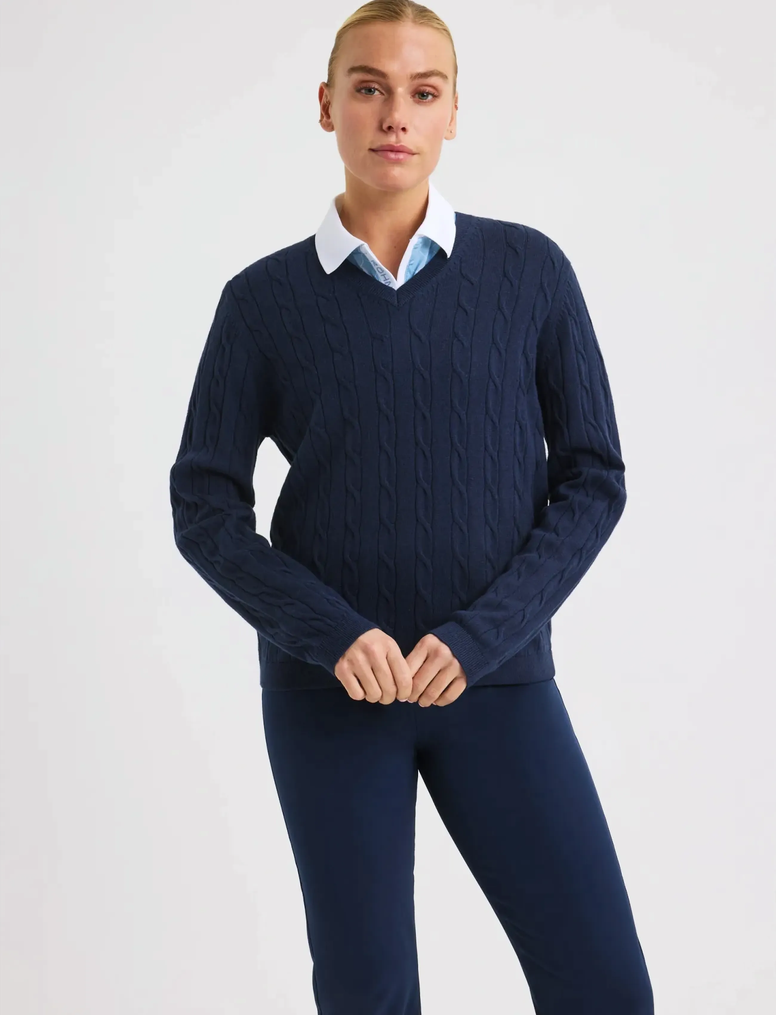 Röhnisch Knitted Wool Mix Sweater, Kvinder, Kabelstrikket V-Hals Sweater, Navy, Str: XS