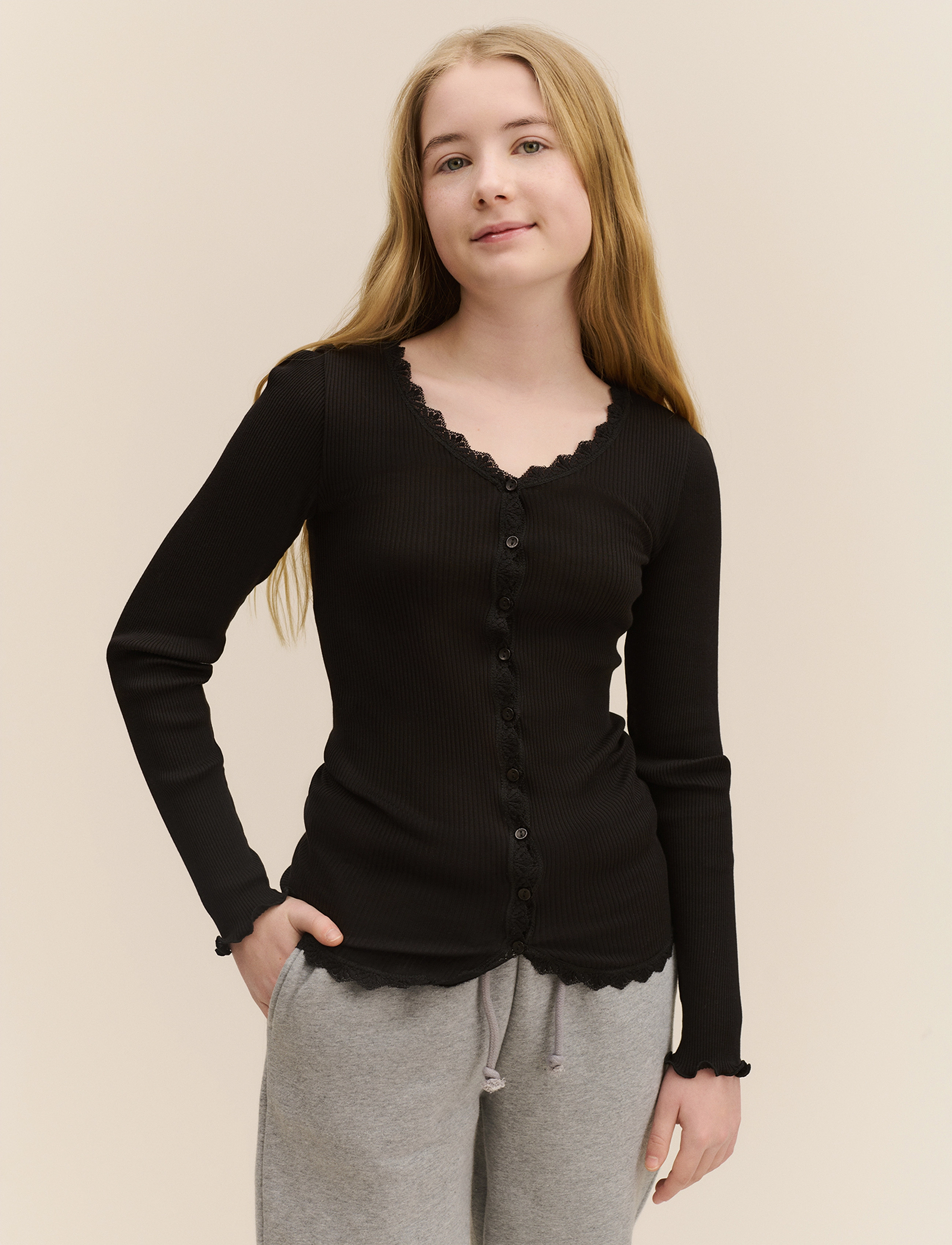 Rosemunde Kids Rkbalta Modal Ls Lace Cardigan, 164, T-shirts, Schwarz - Long-sleeved Kinder