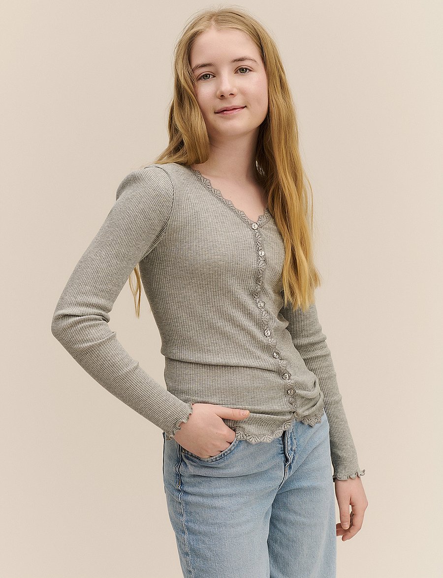 Rosemunde Kids - RKBalta Modal LS Lace Cardigan - cardigans - light grey melange - 0