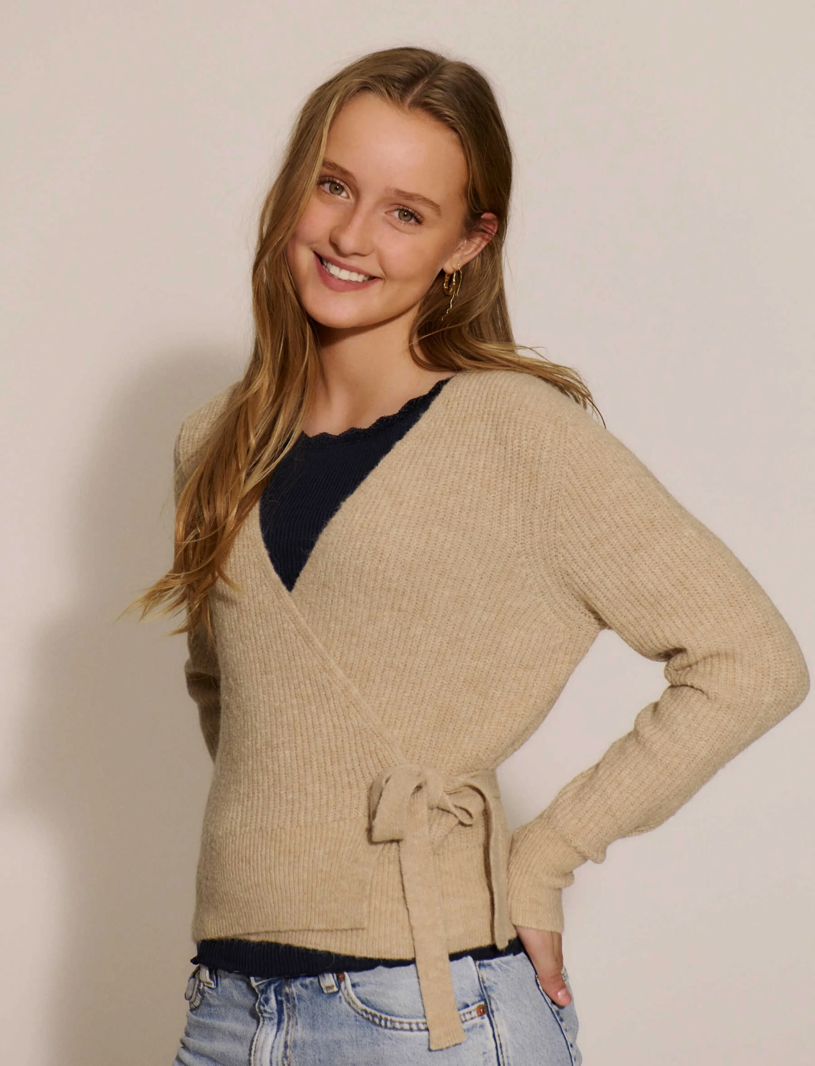 Rosemunde Kids - RKTinker Wool Blend LS Wrap Cardigan - cardigans - oat meal melange - 0