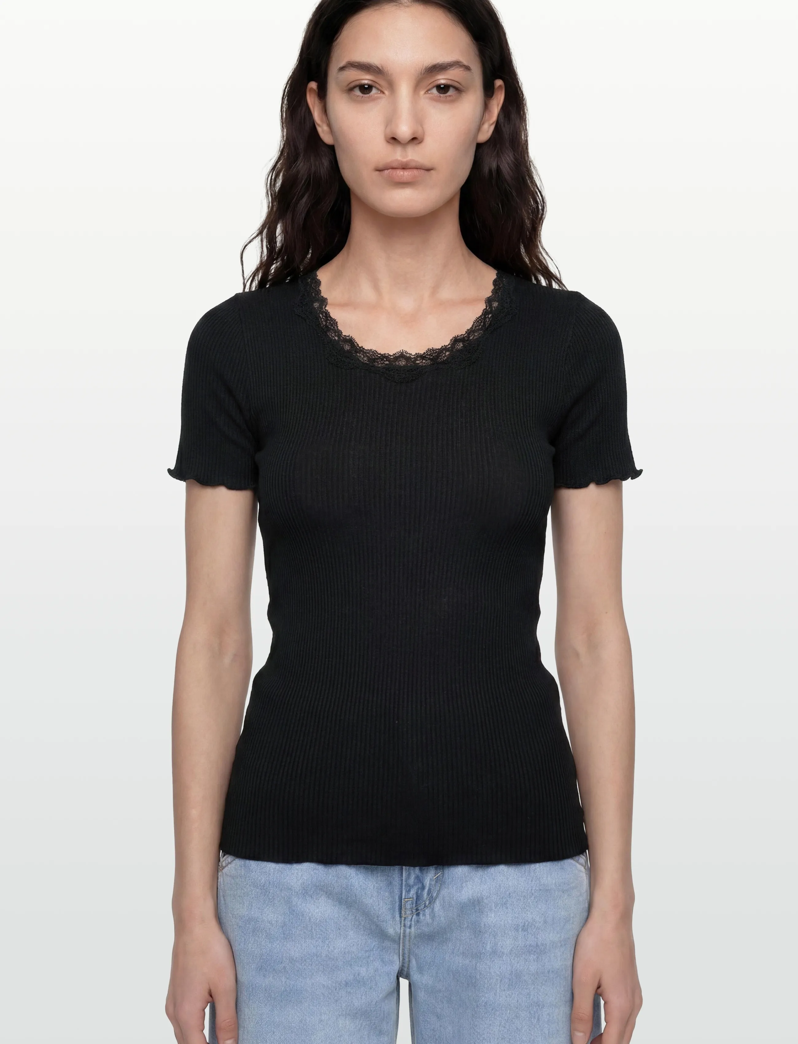 Rosemunde - RWBeatha Silk SS Lace T-shirt - t-shirts - black - 3
