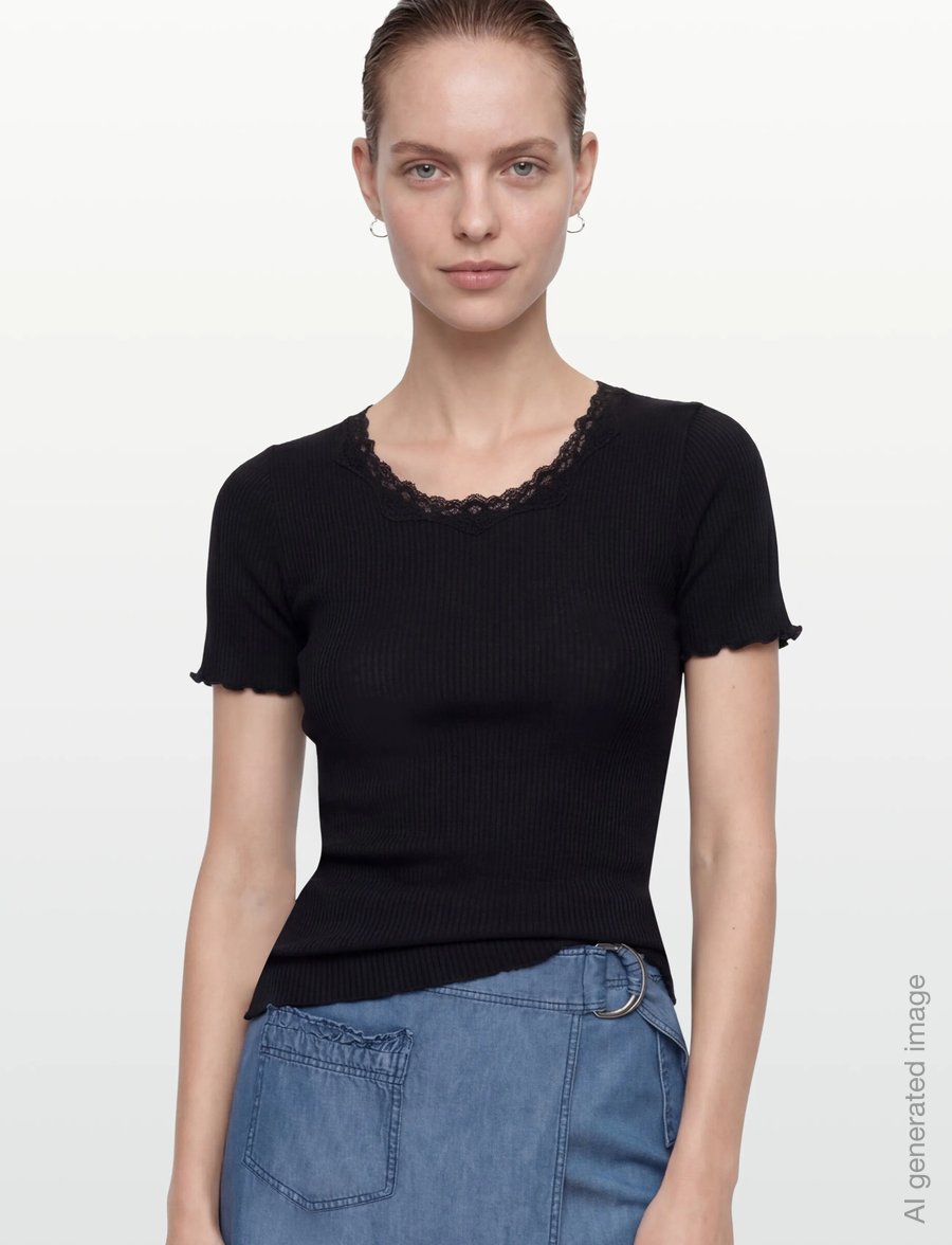 Rosemunde - RWBeatha Silk SS Lace T-shirt - t-shirts - black - 3
