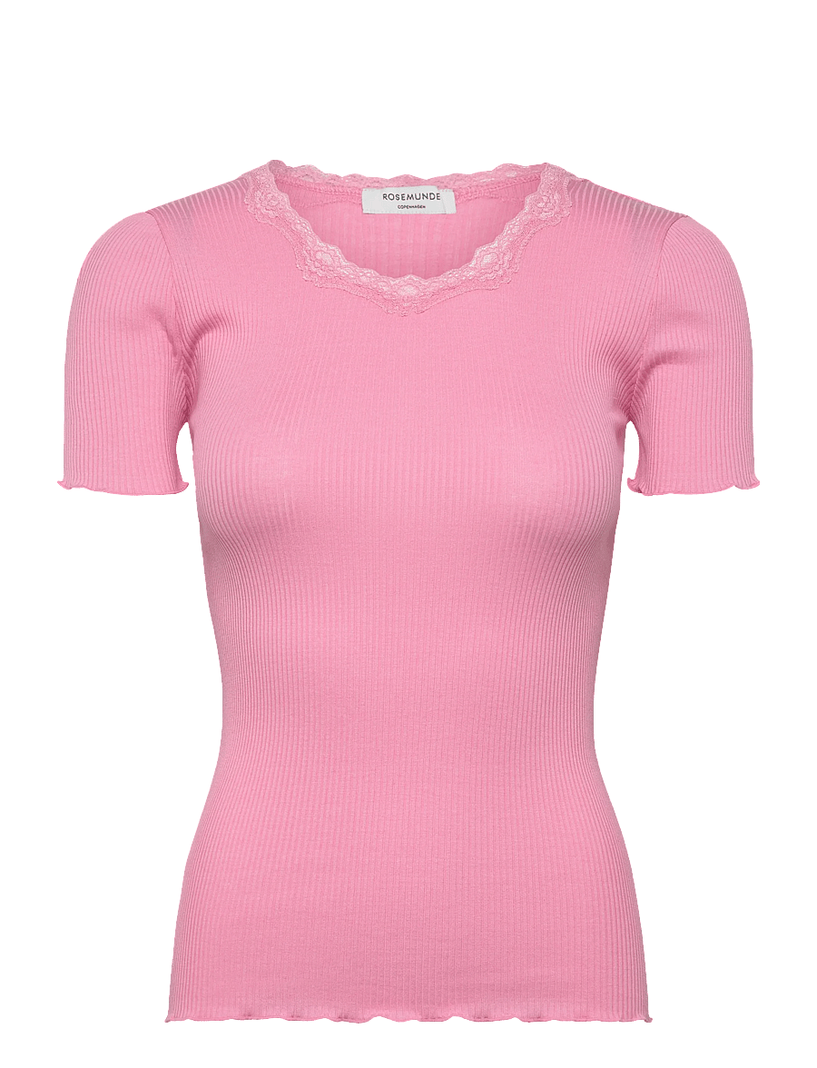 Rosemunde - RWBeatha Silk SS Lace T-shirt - t-shirts - sea pink - 1
