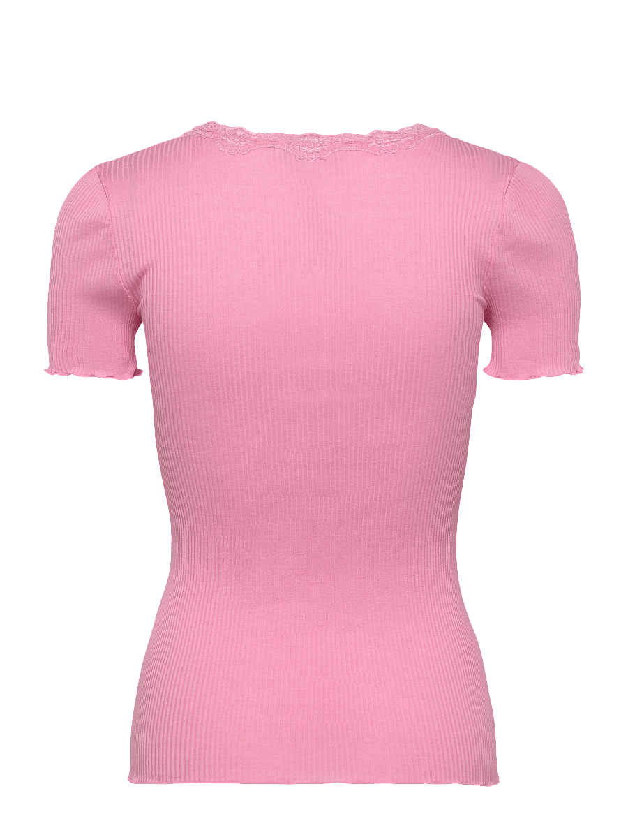 Rosemunde - RWBeatha Silk SS Lace T-shirt - t-shirts - sea pink - 2