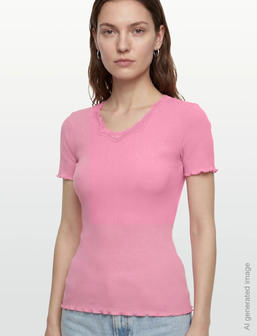 Rosemunde - RWBeatha Silk SS Lace T-shirt - t-shirts - sea pink - 3