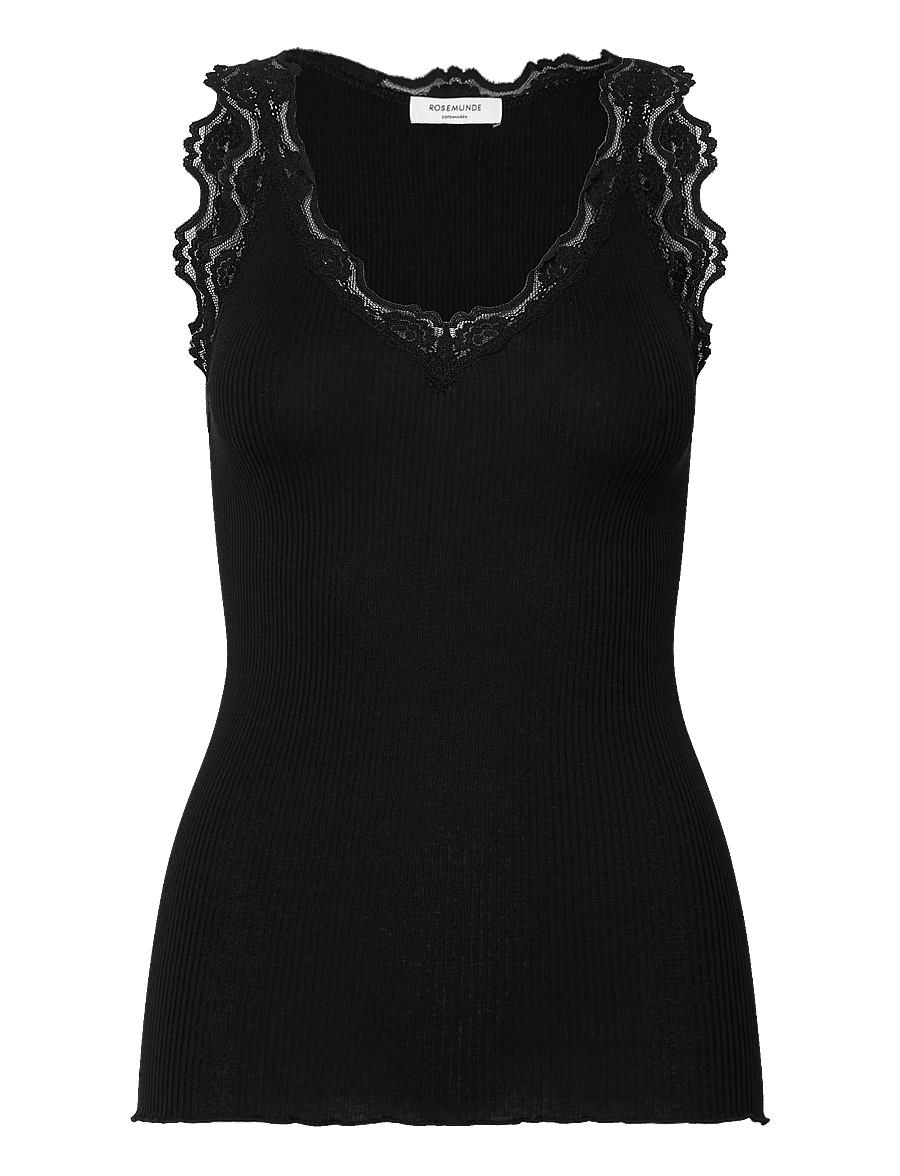 Rosemunde - RWBeatha Silk SL V-neck Lace Top - Ärmellose tops - black - 1