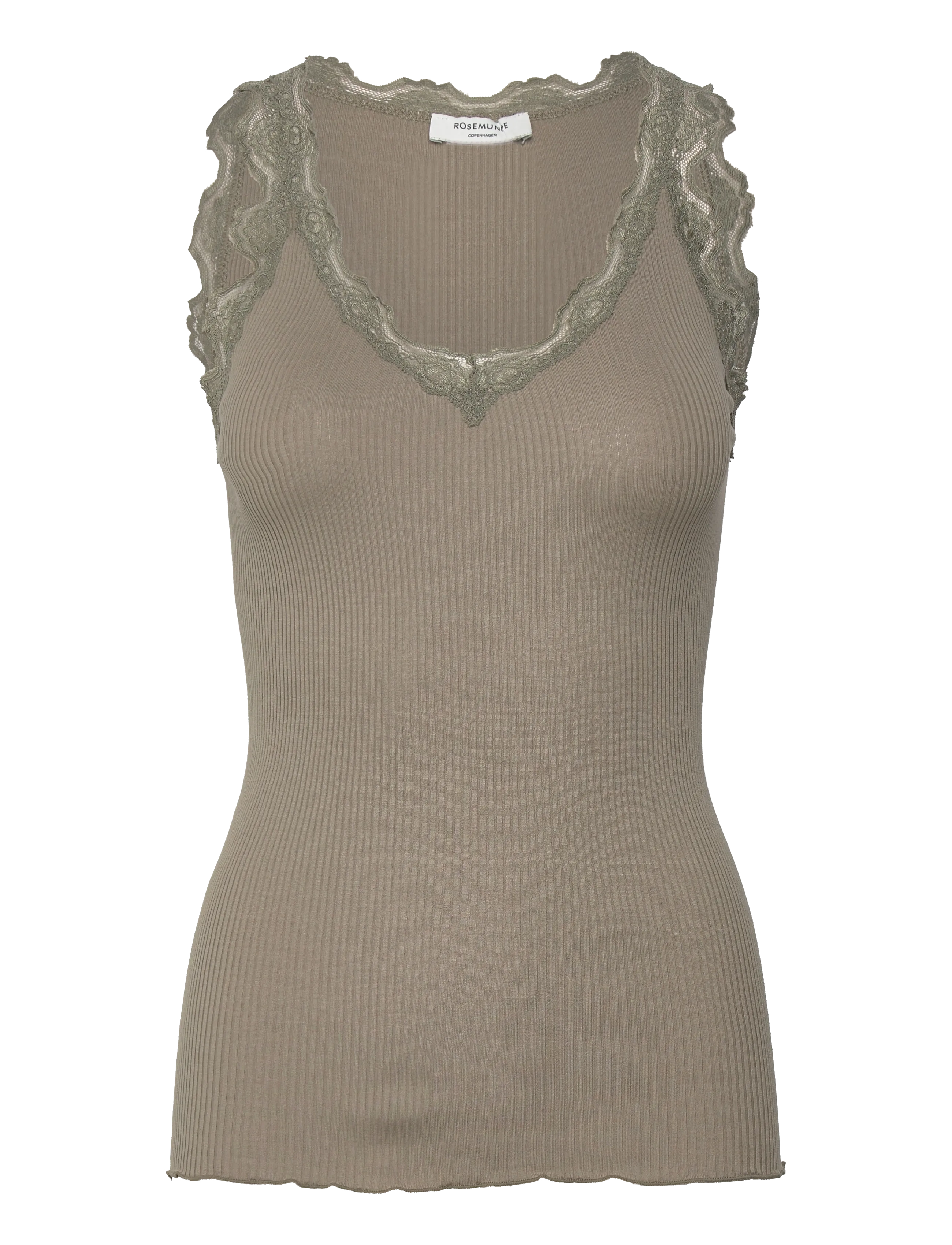 Rosemunde RWBeatha Silk SL V-neck Lace Top - Tøj - DRIED SAGE / khaki/green