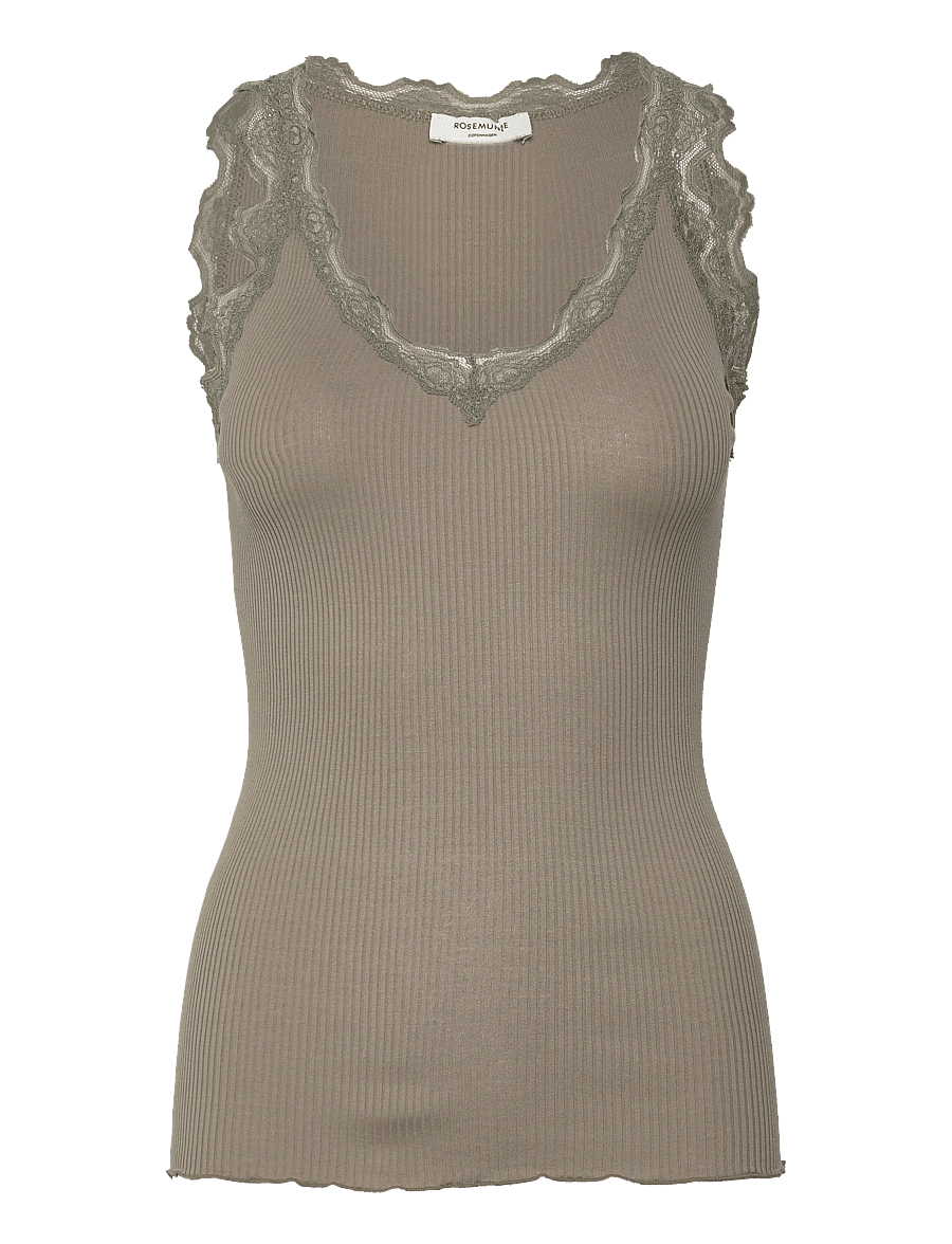 Rosemunde - RWBeatha Silk SL V-neck Lace Top - Ärmellose tops - dried sage - 1