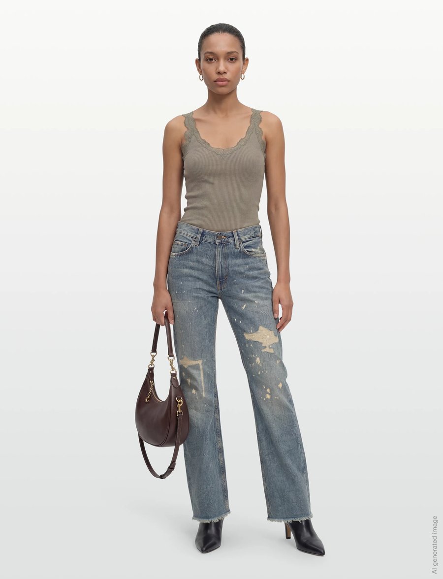 Rosemunde - RWBeatha Silk SL V-neck Lace Top - Ärmellose tops - dried sage - 0