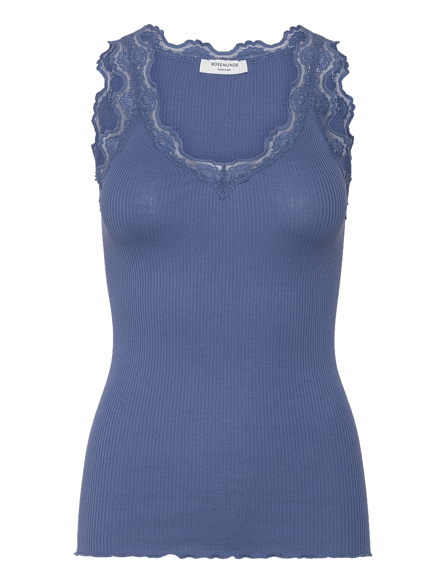 Rosemunde - RWBeatha Silk SL V-neck Lace Top - Ärmellose tops - dutch blue - 1