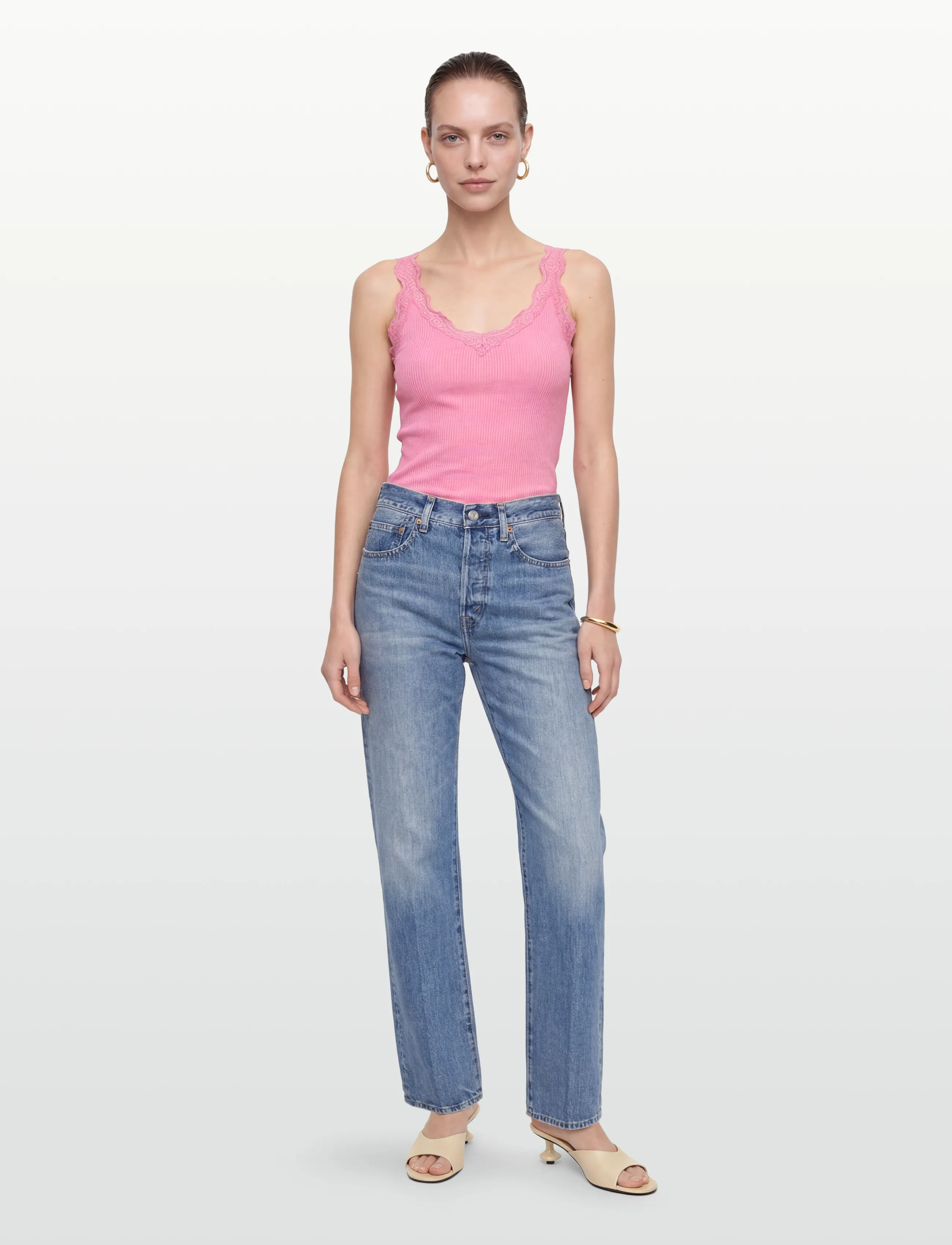 Rosemunde RWBeatha Silk SL V-neck Lace Top - T-shirts & Toppe - SEA PINK / pink/rose