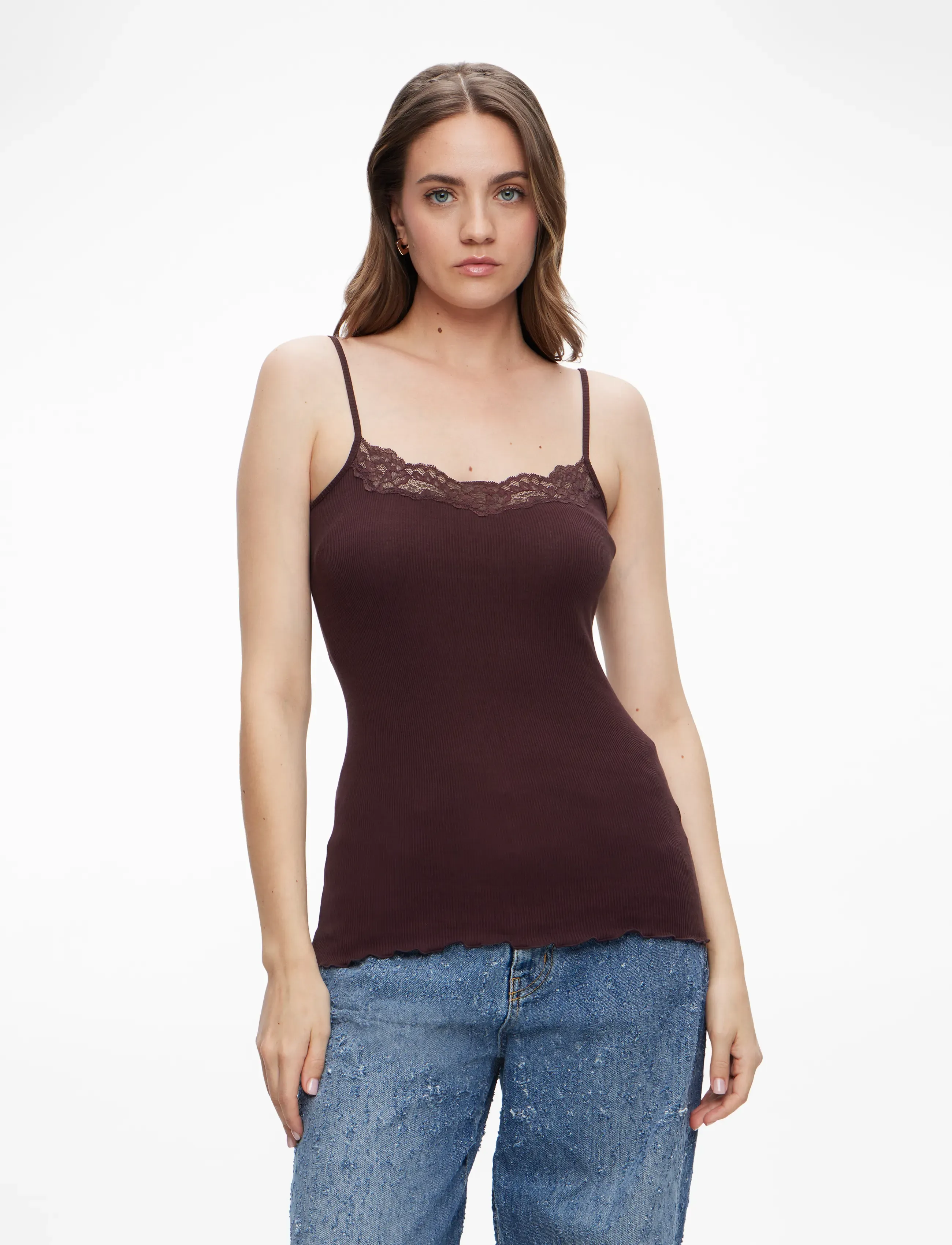 Rosemunde RWBernadine Organic SL Strap Lace T - Sleeveless tops - FUDGE / brown