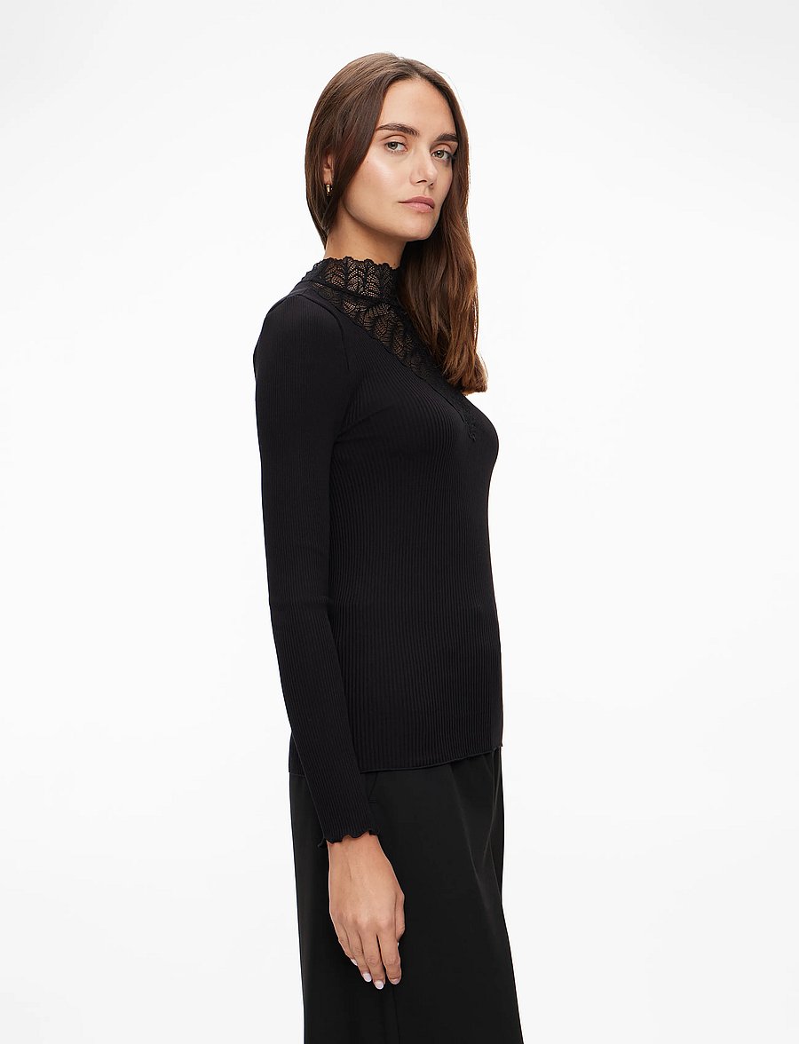 Rosemunde - RWBeatha Silk LS Lace T-shirt - långärmade toppar - black - 3
