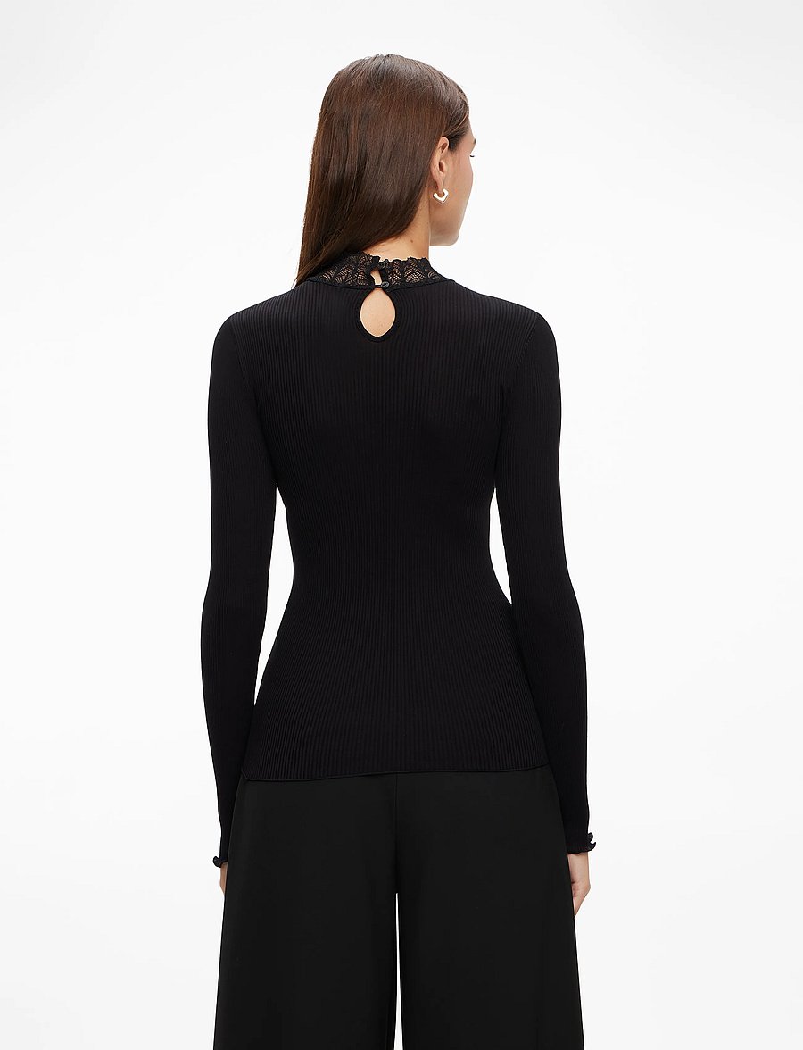 Rosemunde - RWBeatha Silk LS Lace T-shirt - långärmade toppar - black - 4