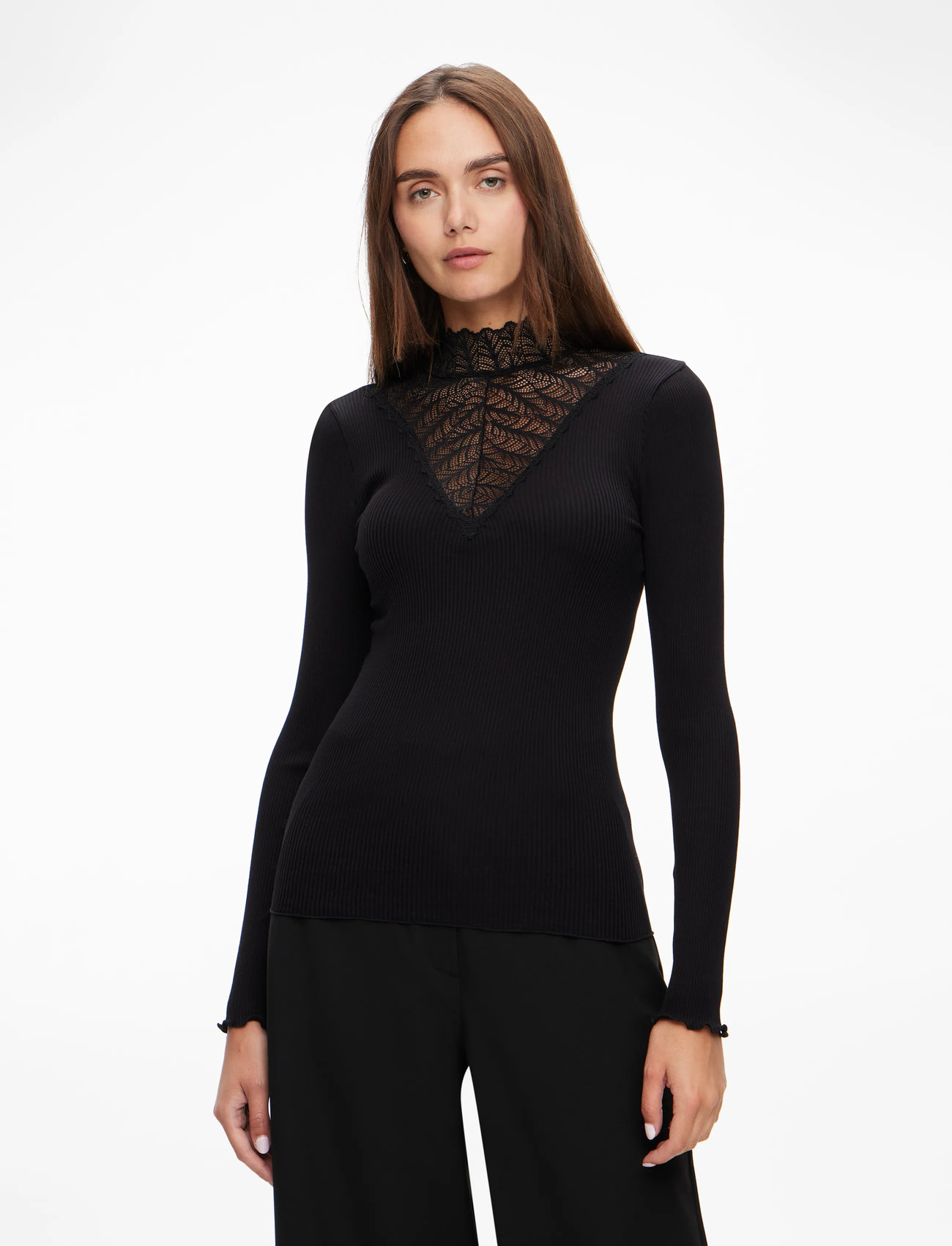 Rosemunde - RWBeatha Silk LS  Lace T-shirt - langærmede toppe - black - 0