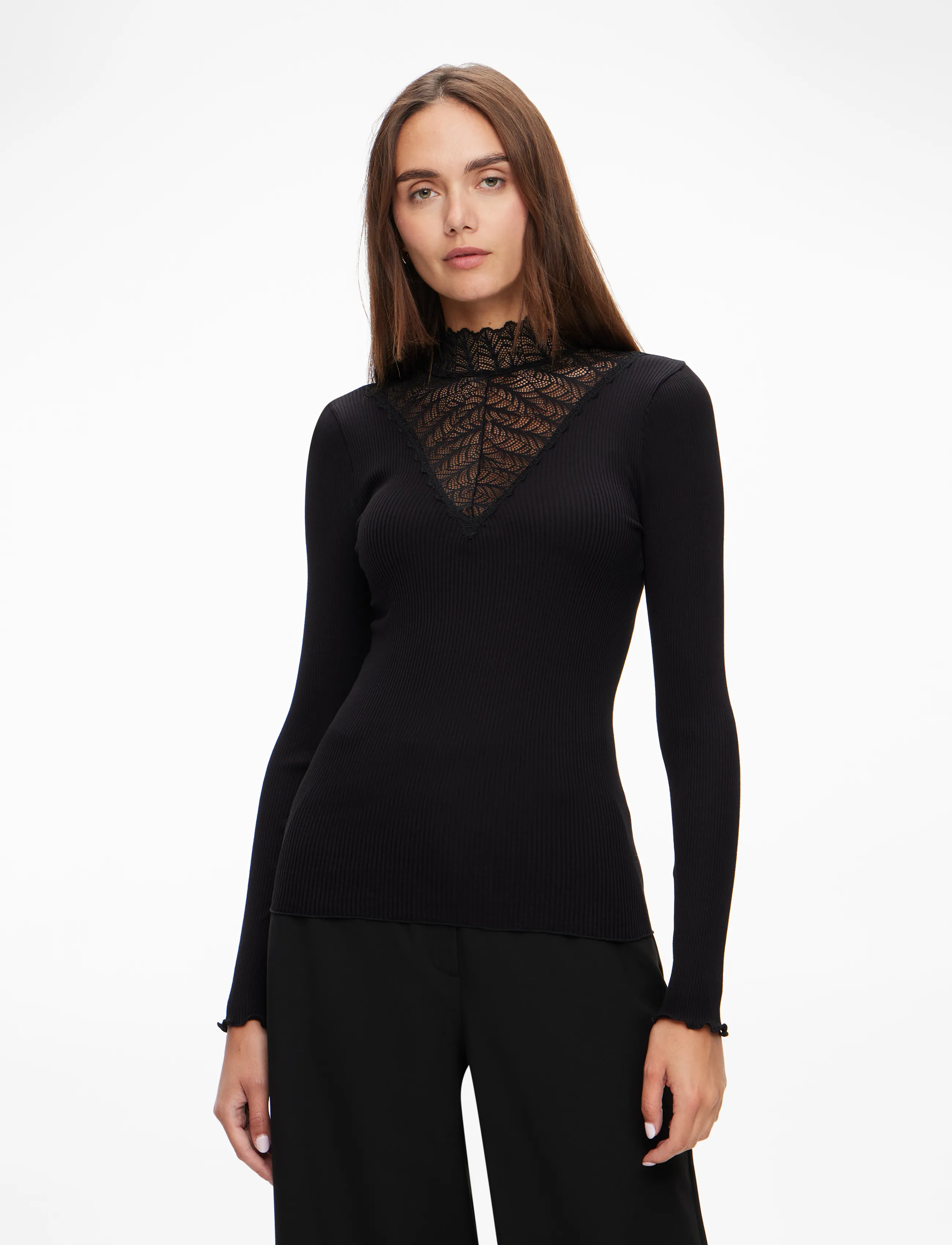 Rosemunde RWBeatha Silk LS  Lace T-shirt - T-shirts & Toppar - BLACK / black